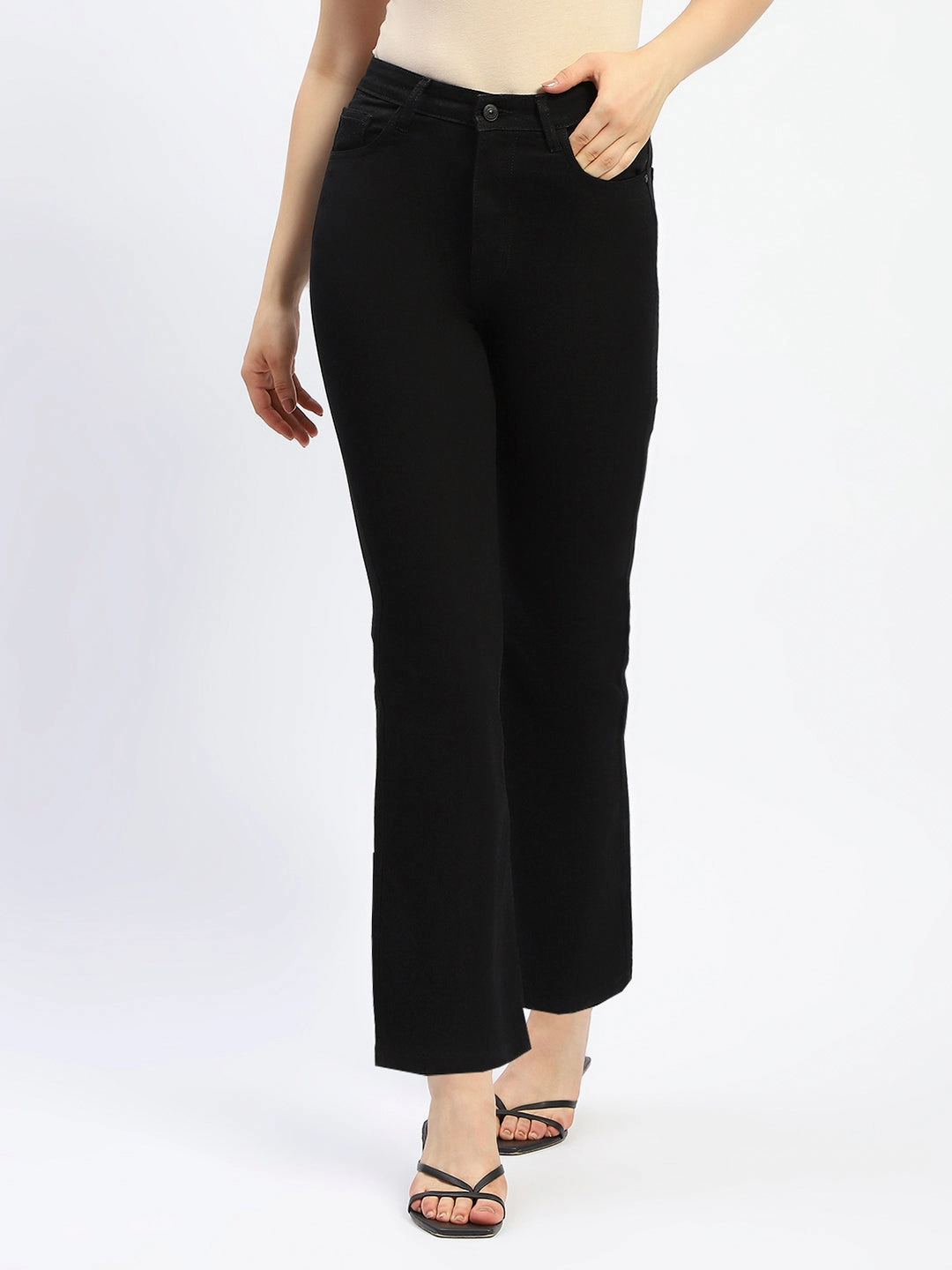 Madame Flared Solid Black Cotton Blend Denim No Hassle Fit