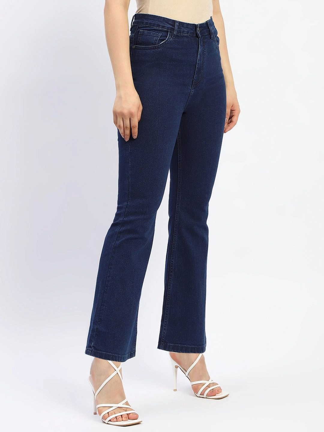 Madame Flared Solid Blue Cotton Blend Denim Go To Look Spring Mood Trendy