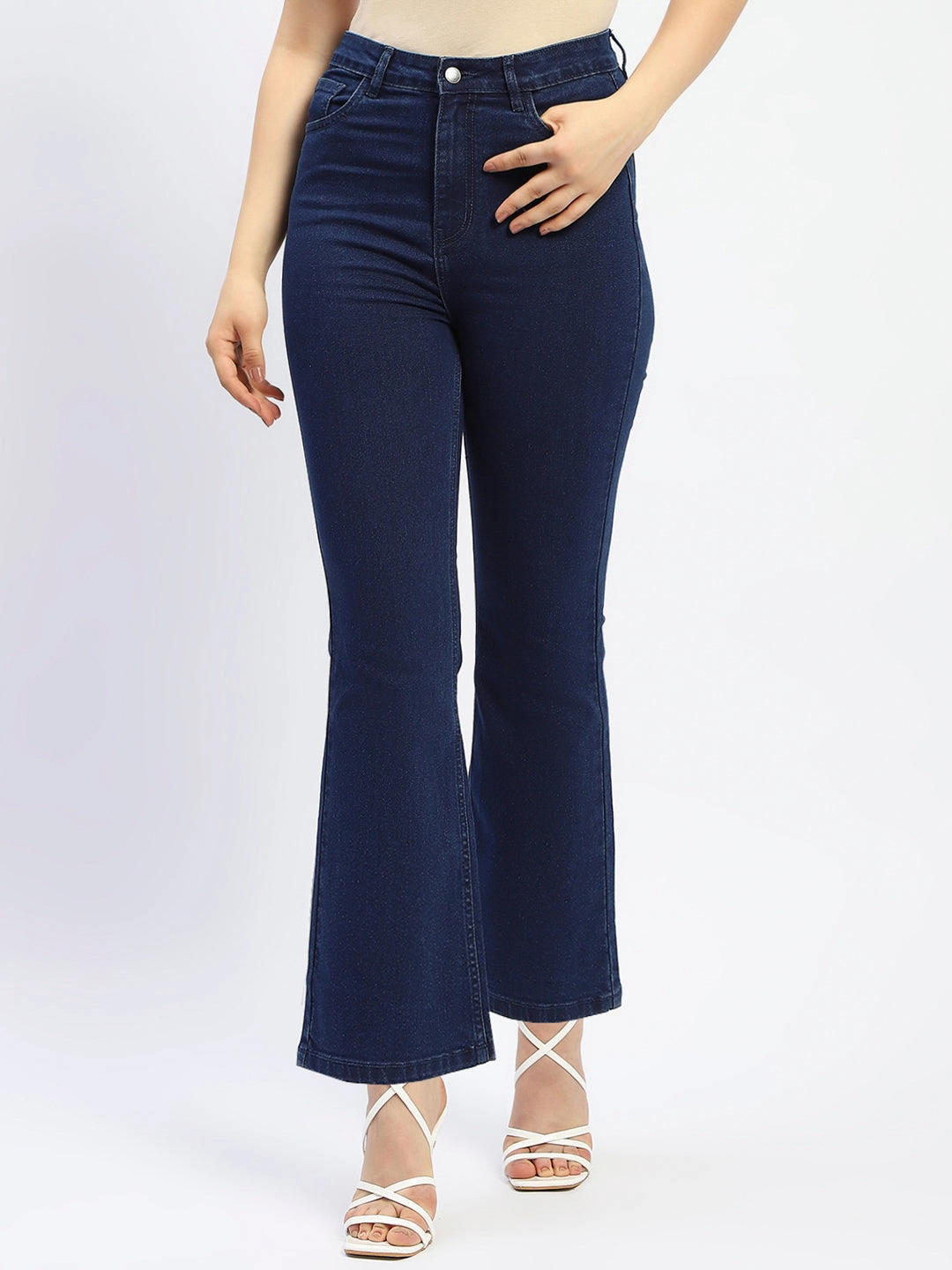 Smooth Texture Madame Flared Solid Blue Cotton Blend Denim