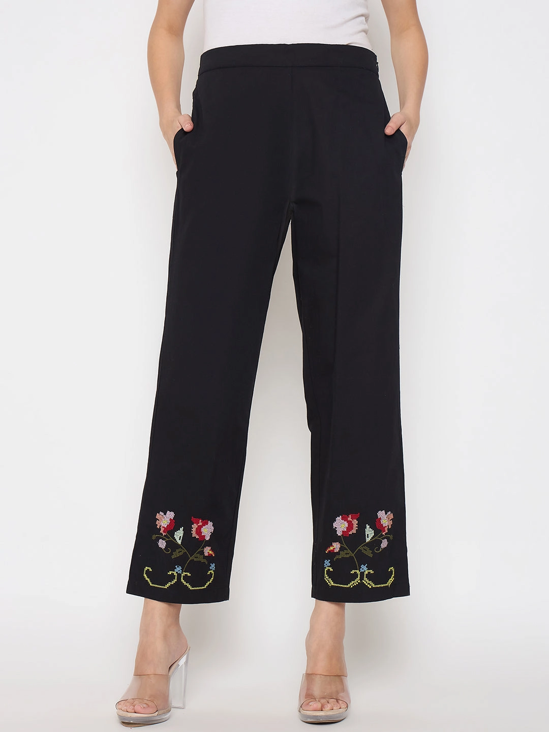 Madame Floral Embroidery Wide Leg Black Cotton Trousers Flexible Cut