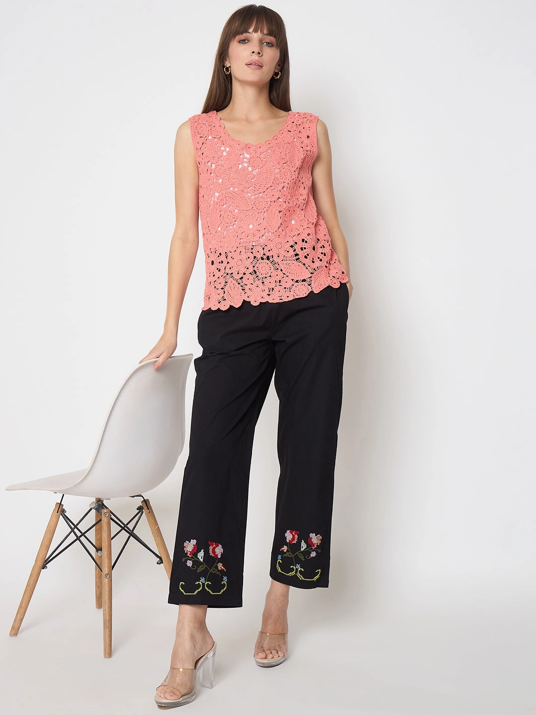 Cooling Fabric Madame Floral Embroidery Wide Leg Black Cotton Trousers