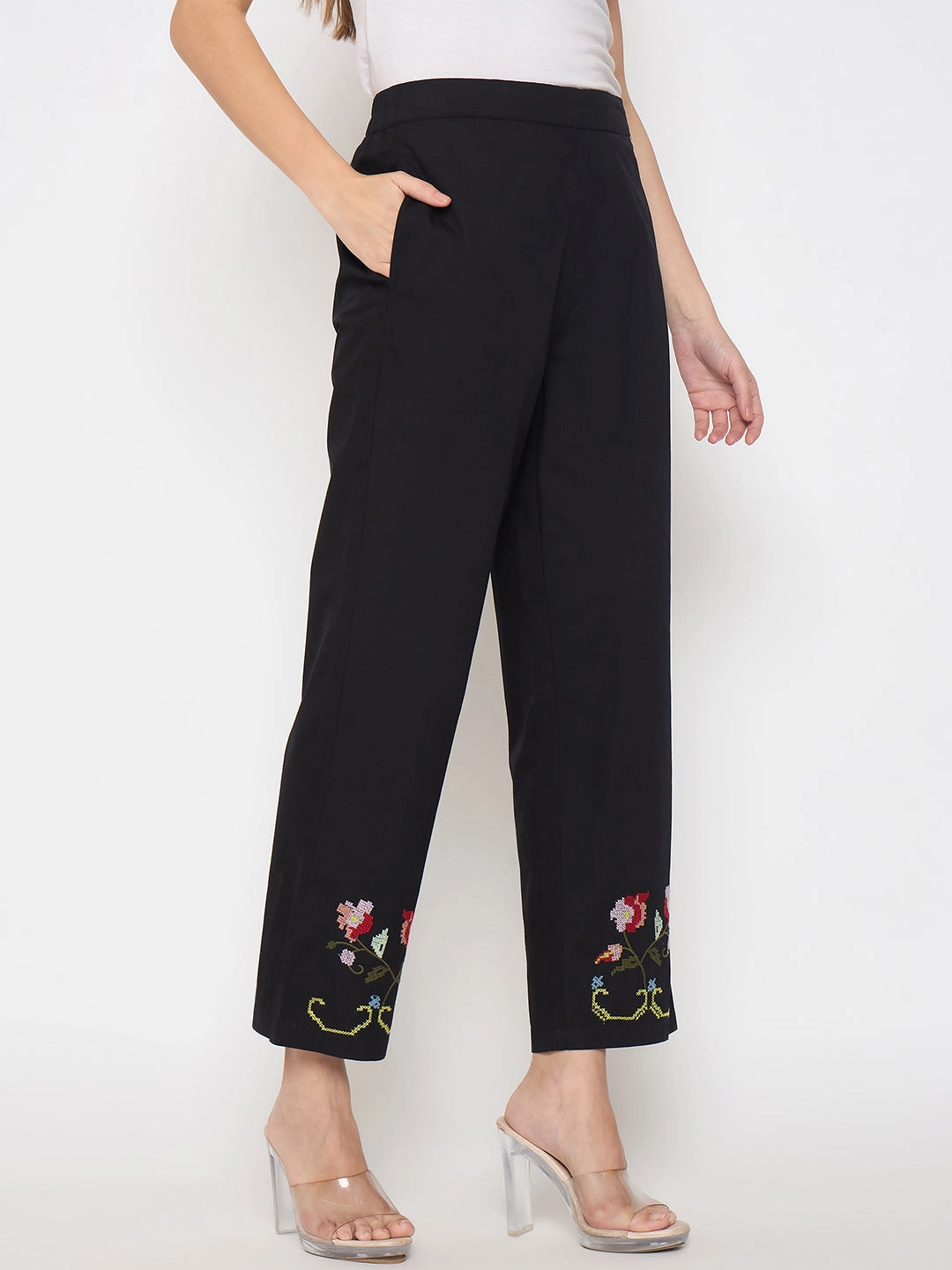Madame Floral Embroidery Wide Leg Black Cotton Trousers Classic Comfort