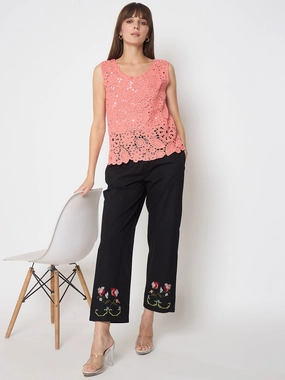 Cooling Fabric Madame Floral Embroidery Wide Leg Black Cotton Trousers