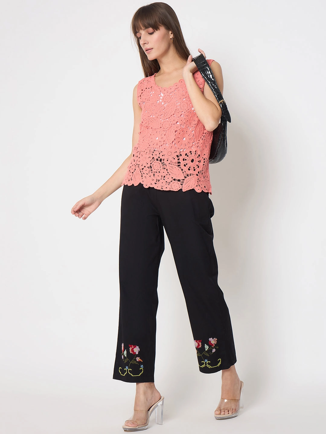 Madame Floral Embroidery Wide Leg Black Cotton Trousers Stay Dry