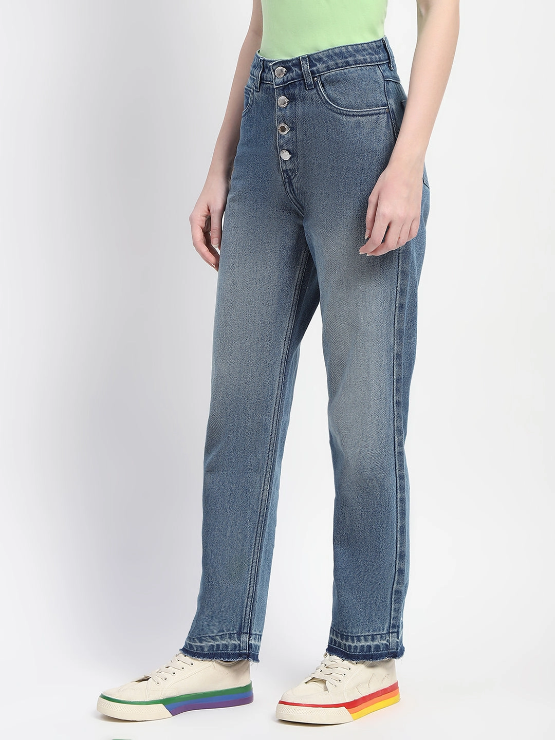 Flawless Look Madame Four Buttoned Stone Wash High Waisted Blue Denim