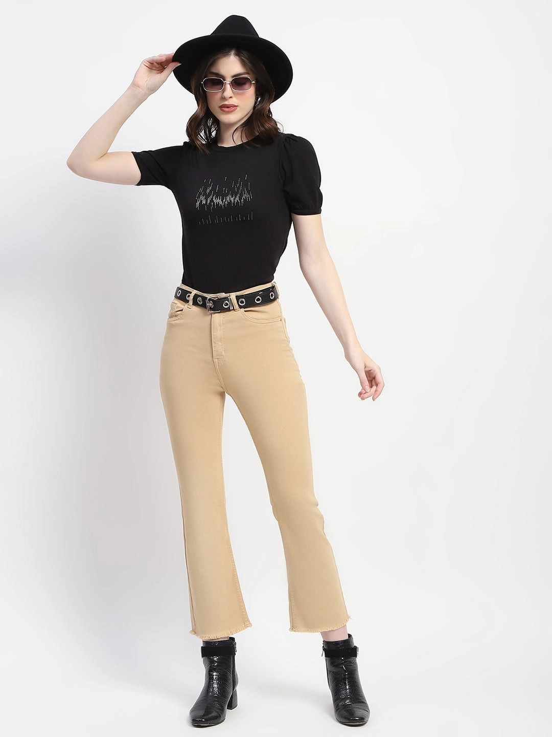 Madame Frayed Hem Flared Beige Denim Vibrant Design Customizable Hem Options