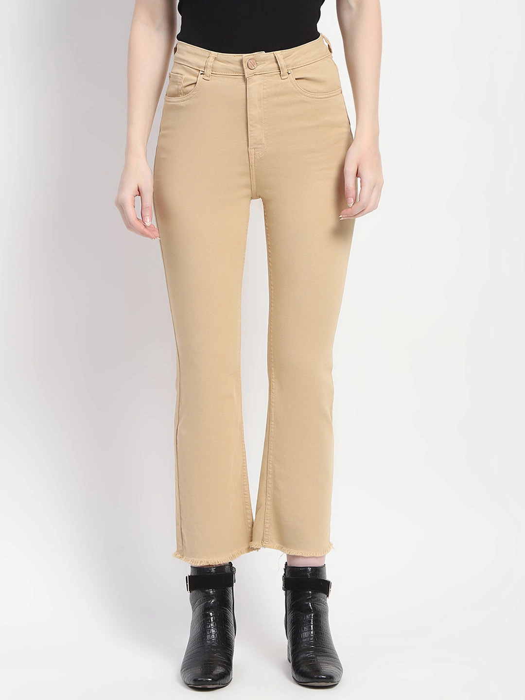 Daily Essentials Madame Frayed Hem Flared Beige Denim