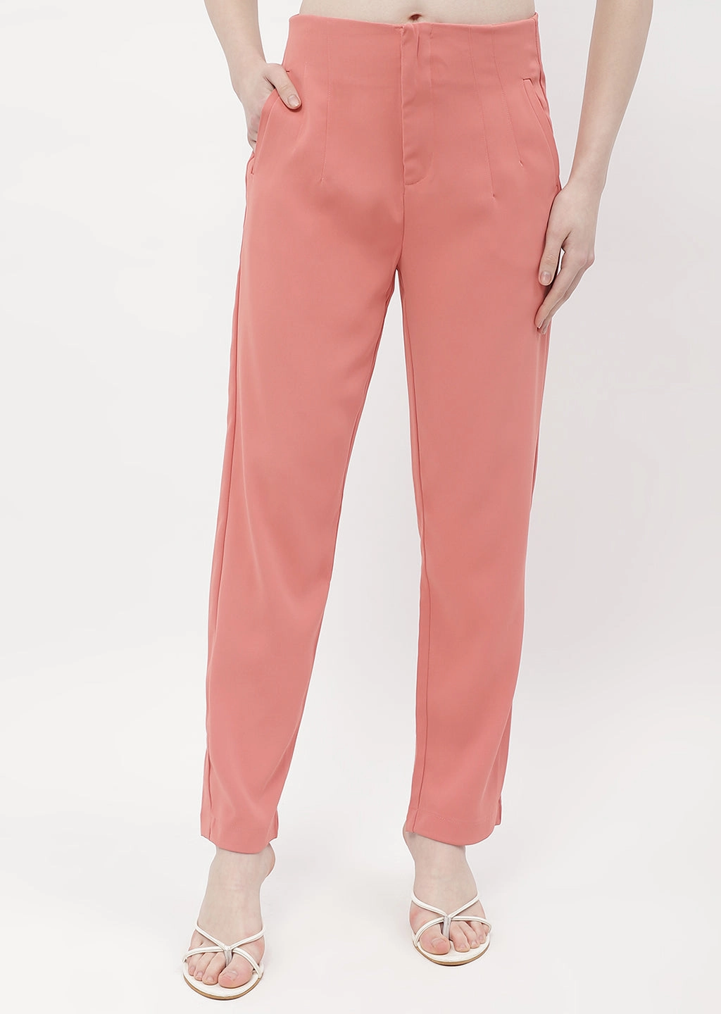 Relaxed Lines Decorative stitching Madame Front Pleated Blush Orange Tapered Trousers
