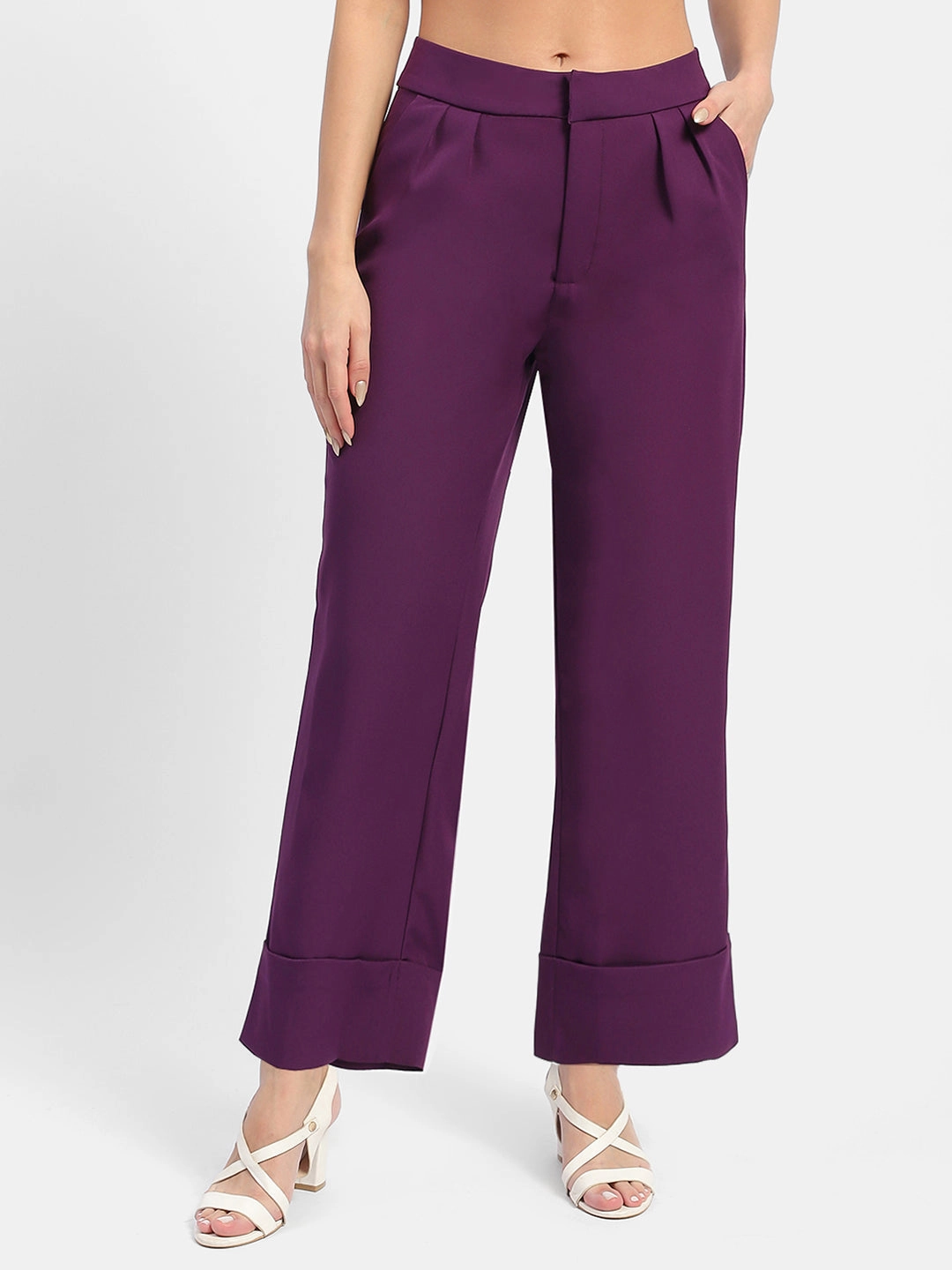 Madame Front Pleated Purple Rolled Hem Trousers Chilly Day Wear