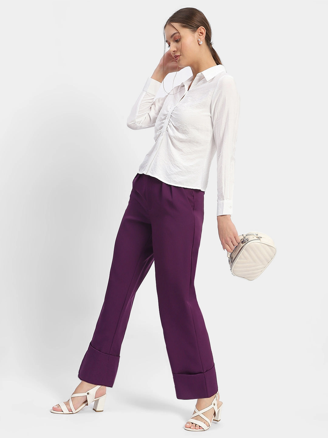 EcoFriendlyBlend Casual Design Madame Front Pleated Purple Rolled Hem Trousers