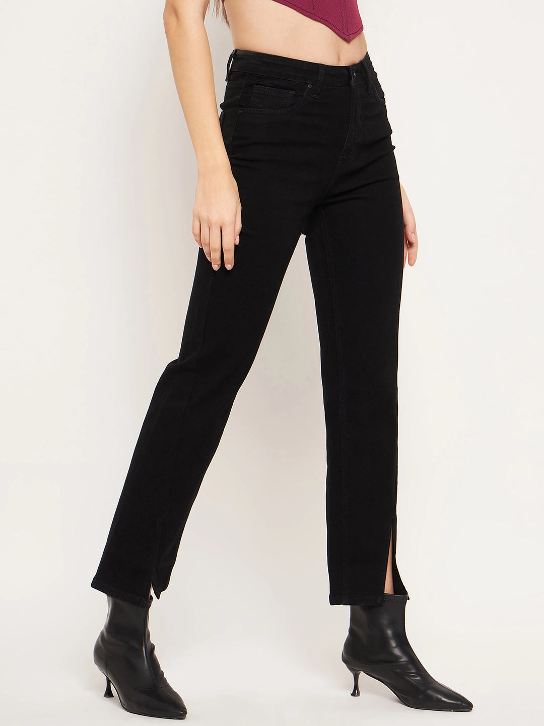 Stylish Waistband Madame Front Slit High-Rise Straight Black Jeans