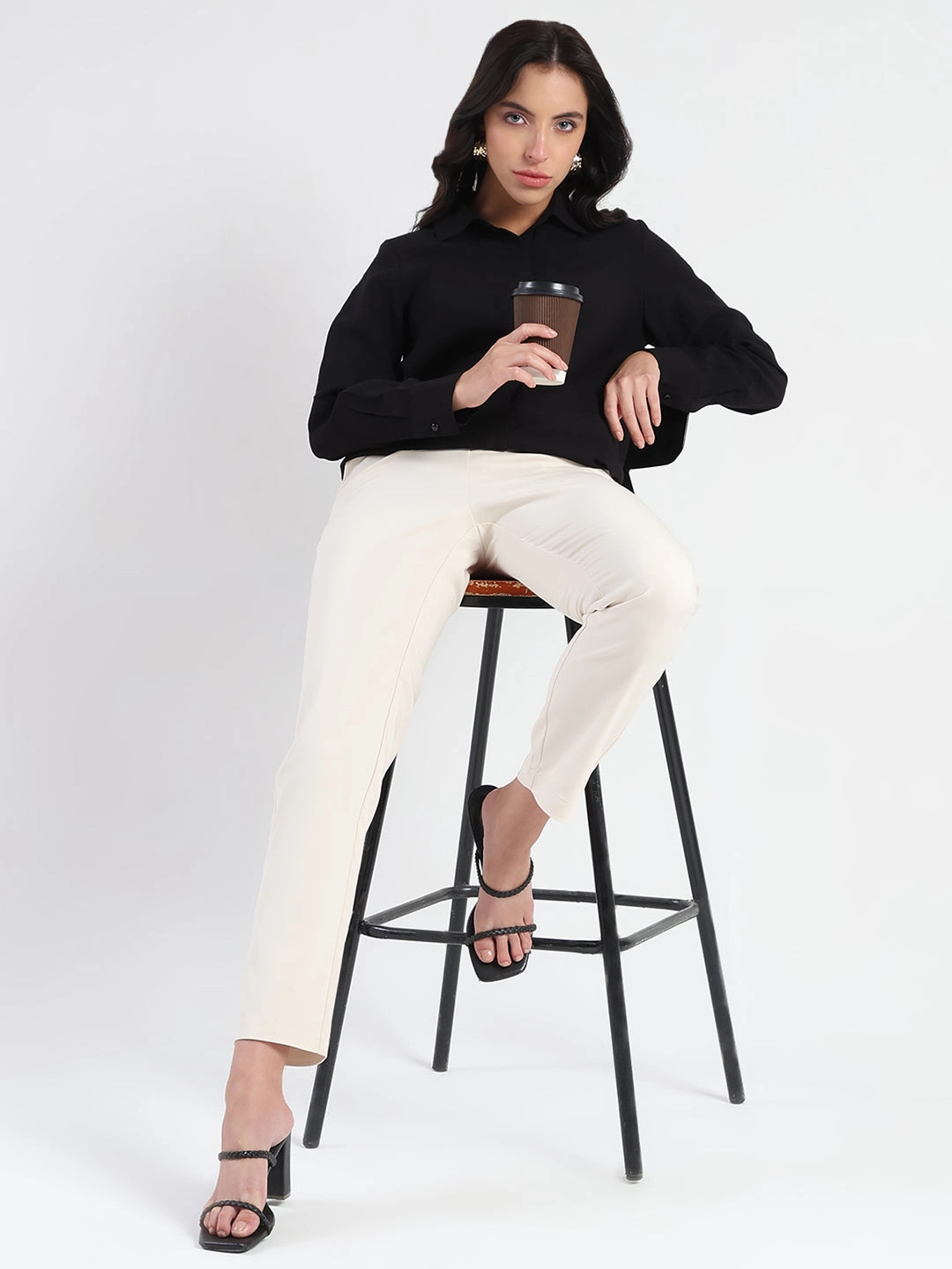 Twill Weave Texture Madame High-Waist Cotton Blend Ivory Trousers