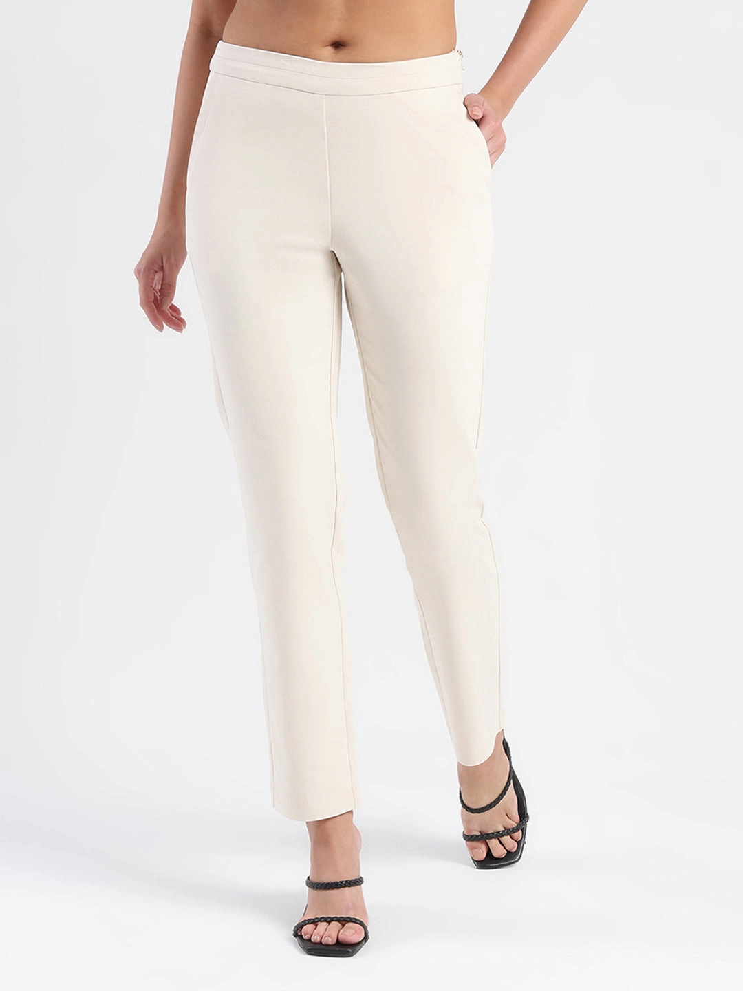 Madame High-Waist Cotton Blend Ivory Trousers ResilientElasticBand