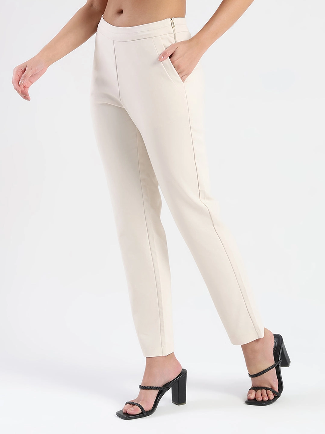 Flex Fit Design Belt loops Madame High-Waist Cotton Blend Ivory Trousers