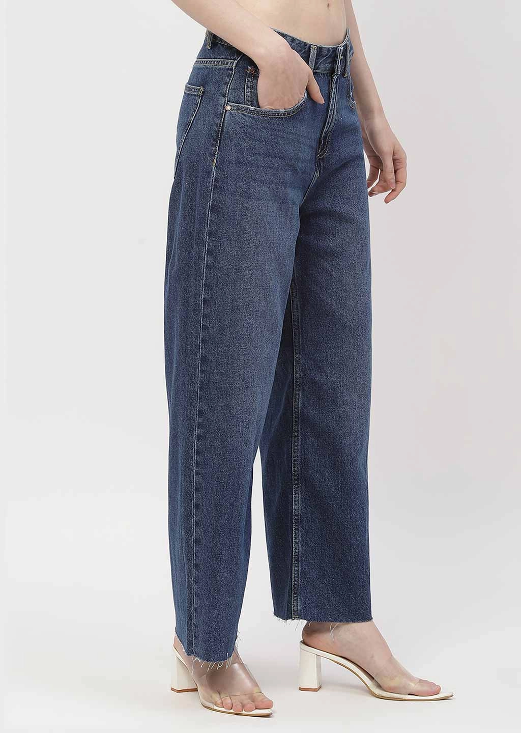 Vibrant Bold Look Street Fashion Madame Low Rise Mid Blue Straight Jeans