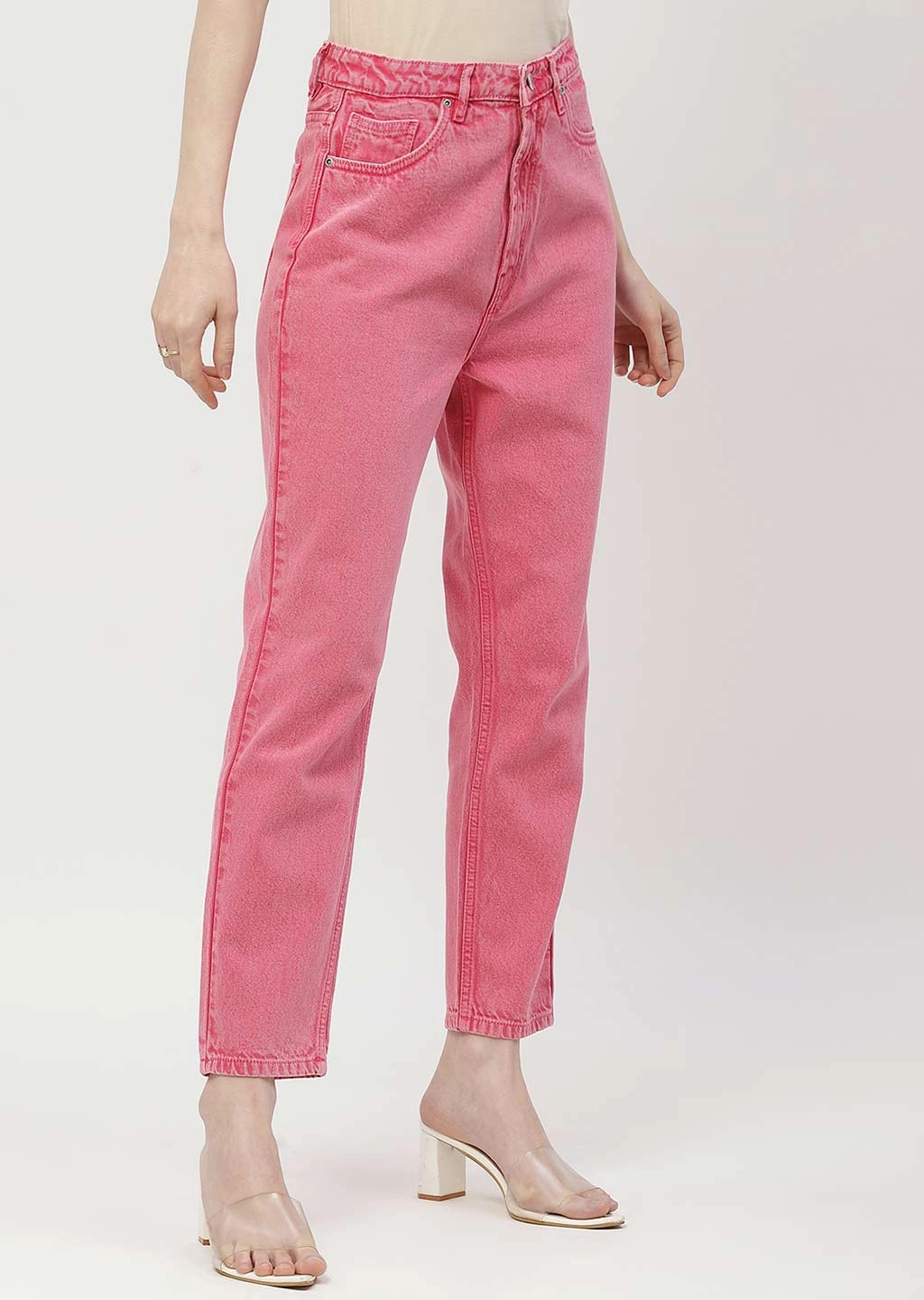 Madame Mid Rise Pink Mom Fit Jeans Comfortable Tailoring