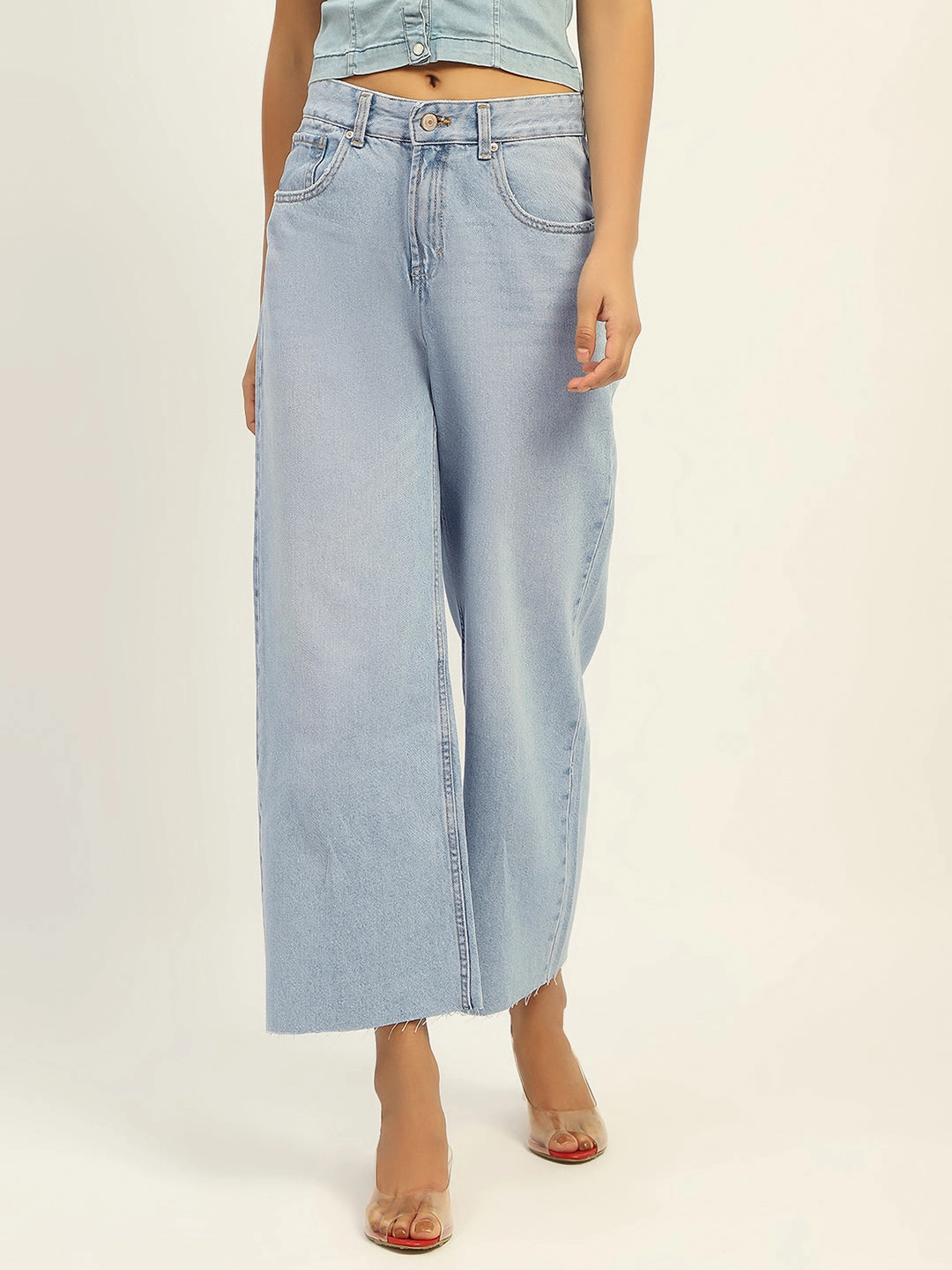 Clean Detail Modern Attire Madame Mid Rise Solid Ice Blue Jeans