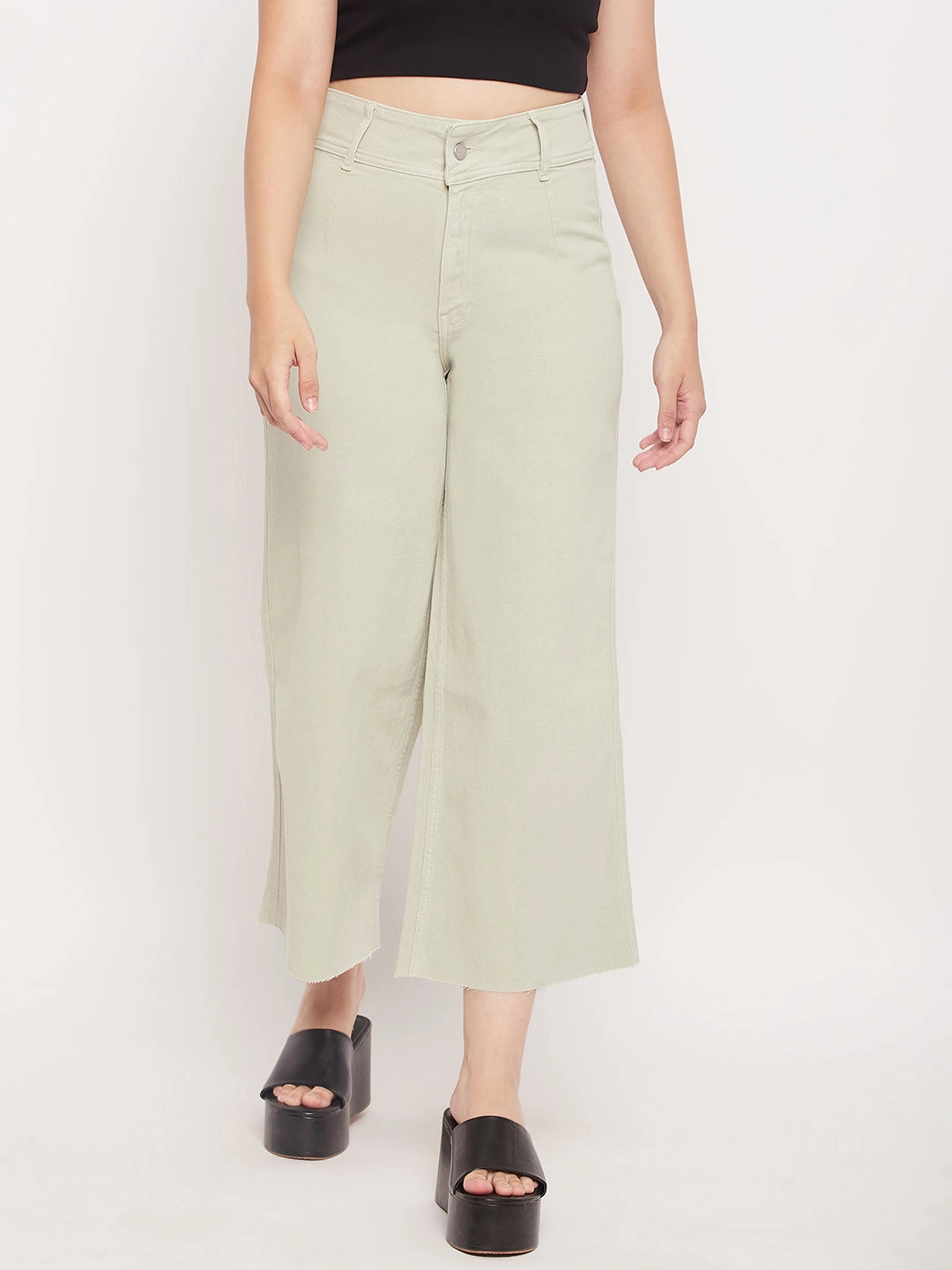 Madame Mint Green High Waist Wide Leg Ankle Length Jeans Mid Rise Fit Relaxed Waistband