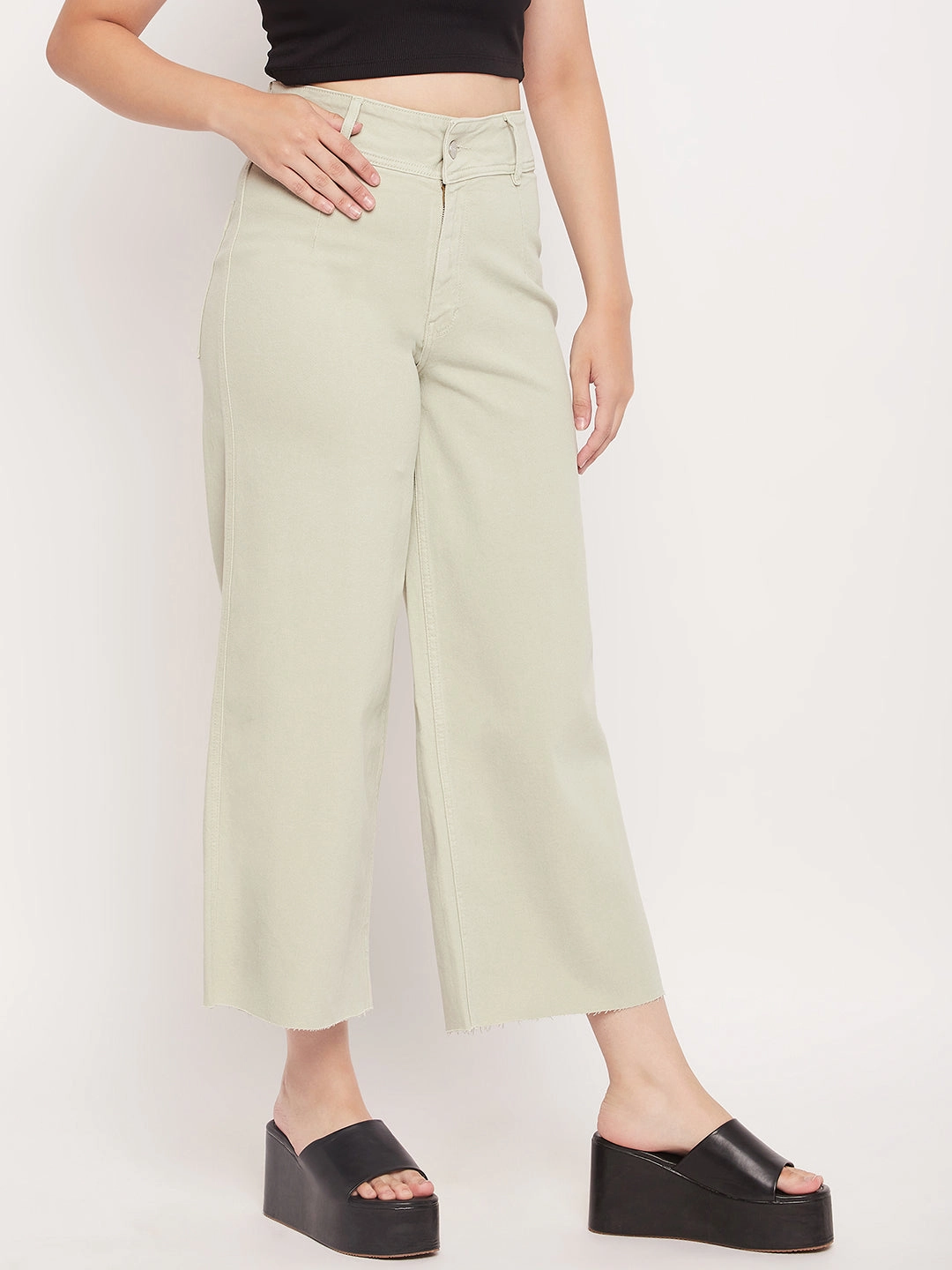 Essential Layer Softened Texture Madame Mint Green High Waist Wide Leg Ankle Length Jeans
