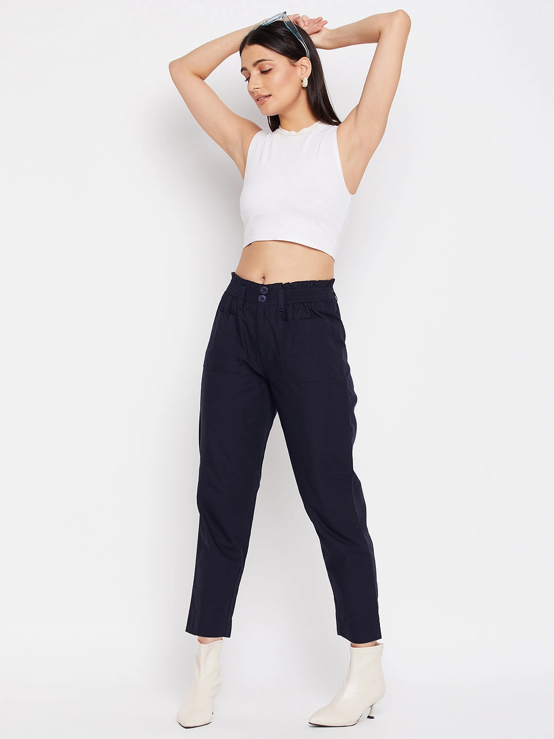 Madame Navy Cotton Ankle Length Trousers Air Comfort