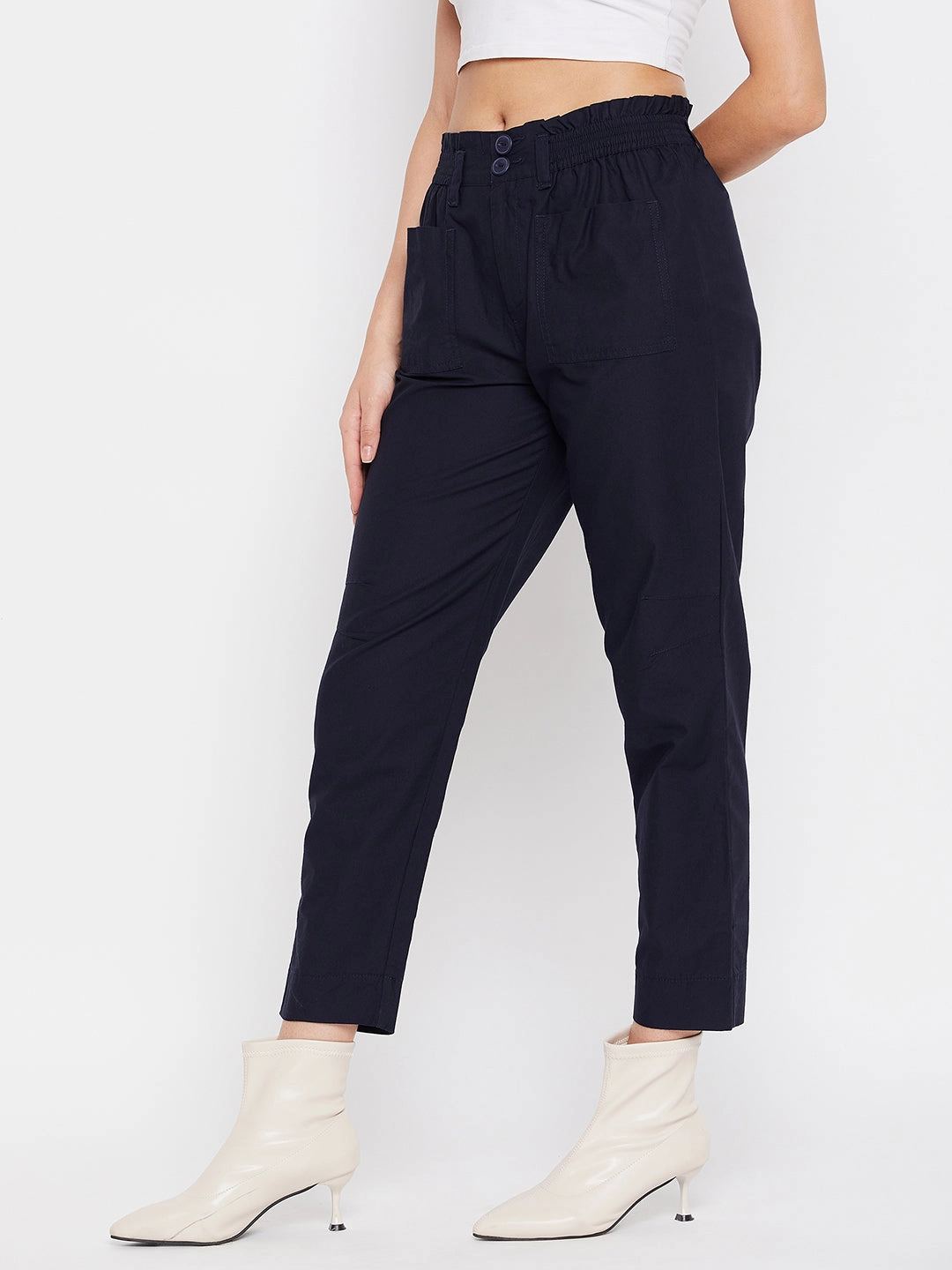 Madame Navy Cotton Ankle Length Trousers Cozy And Stylish Hidden pockets