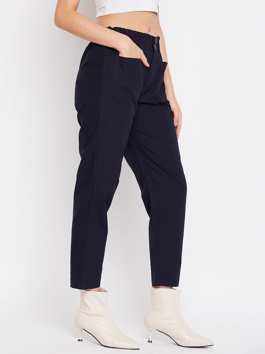 Vintage Wash Stretch Comfort Madame Navy Cotton Ankle Length Trousers