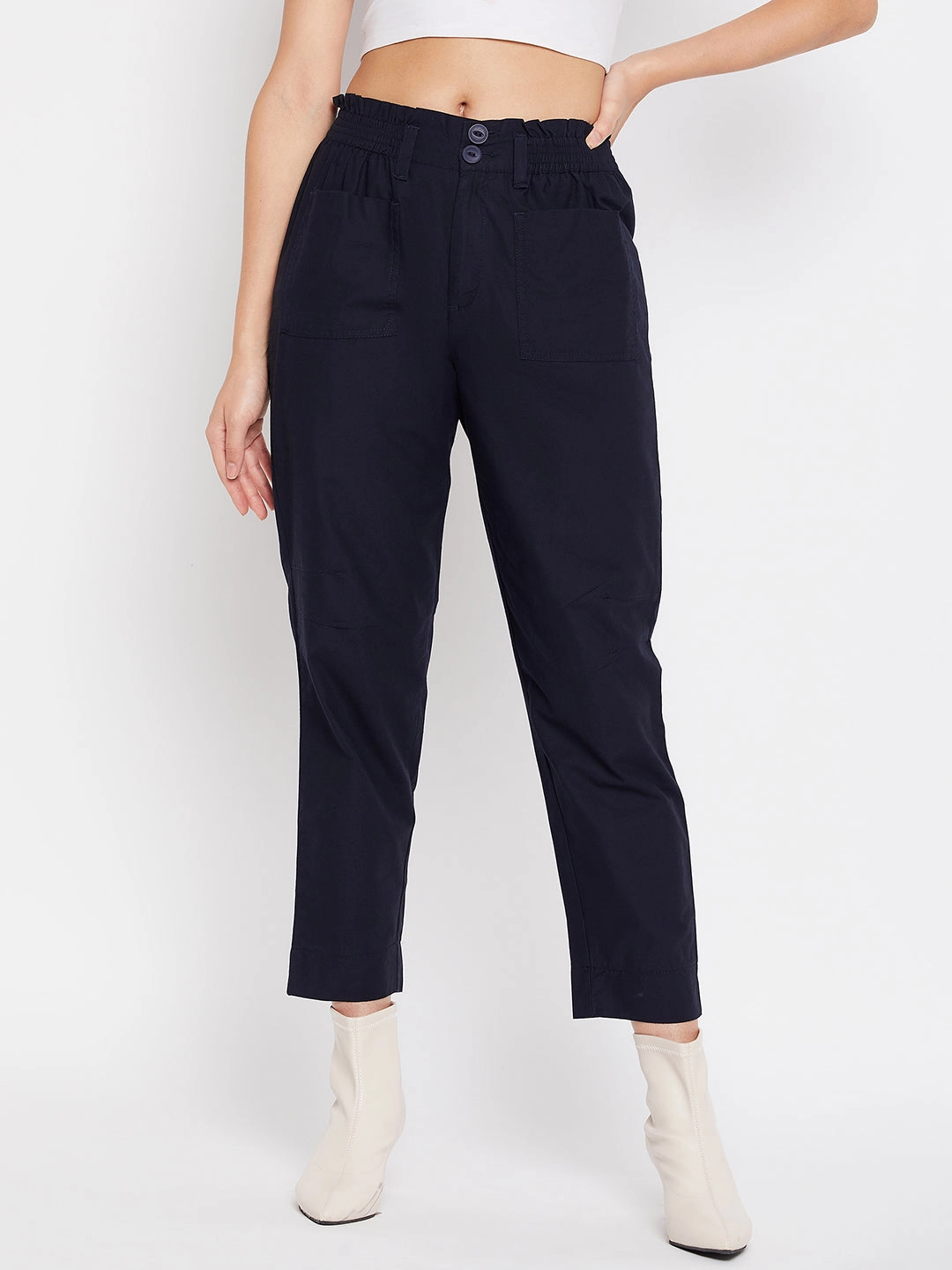 Madame Navy Cotton Ankle Length Trousers Smart Motion Ventilated Panels