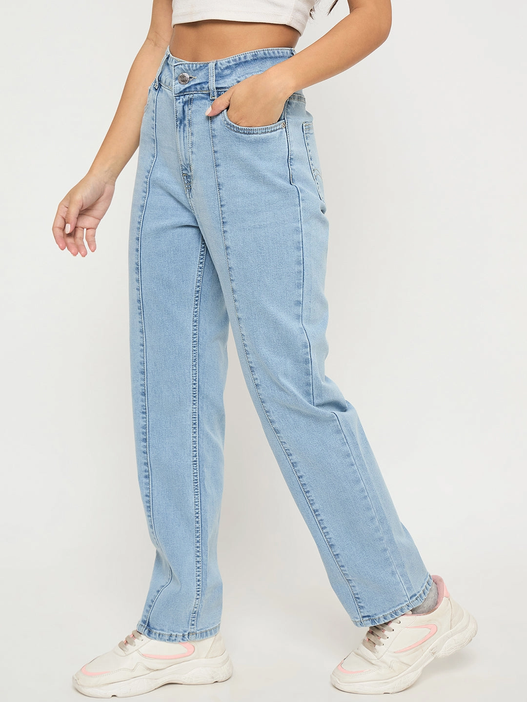 Nature Lover Gym Ready Music Event Madame Pintuck Detailed Bright Blue Cotton Blend Jeans