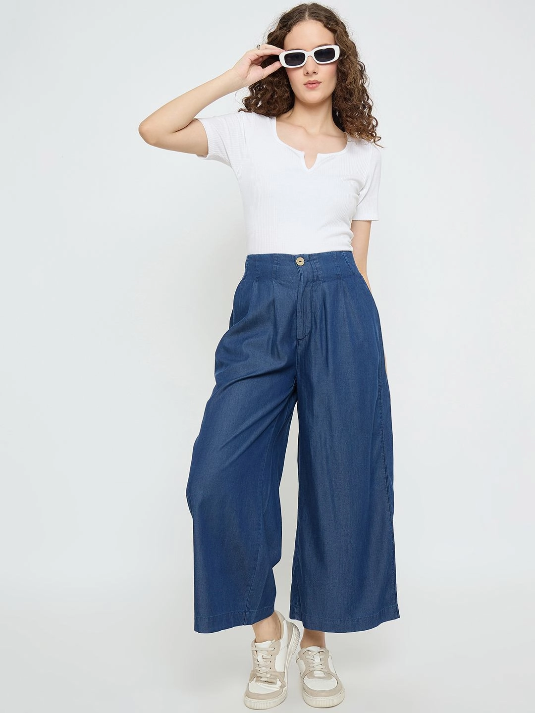 Madame Pintuck Detailed Cotton Blend Mid Blue Wide Leg Jeans Streetwear Fan Earthy High Quality
