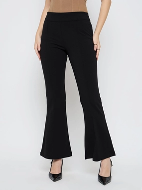 Madame Pleat Detailed Solid Black Flared Trousers All Purpose On The Move