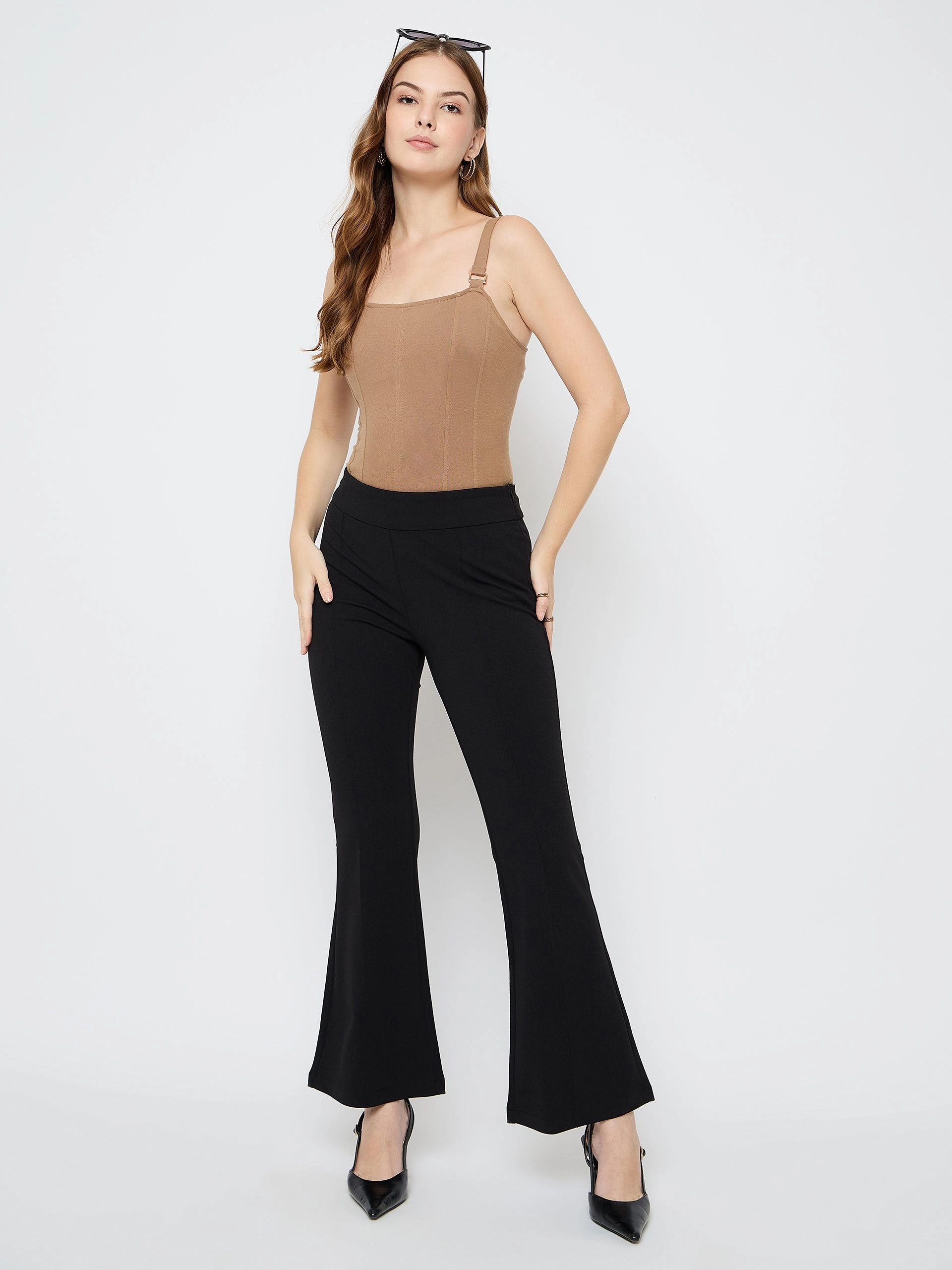 Madame Pleat Detailed Solid Black Flared Trousers Stay Comfortable