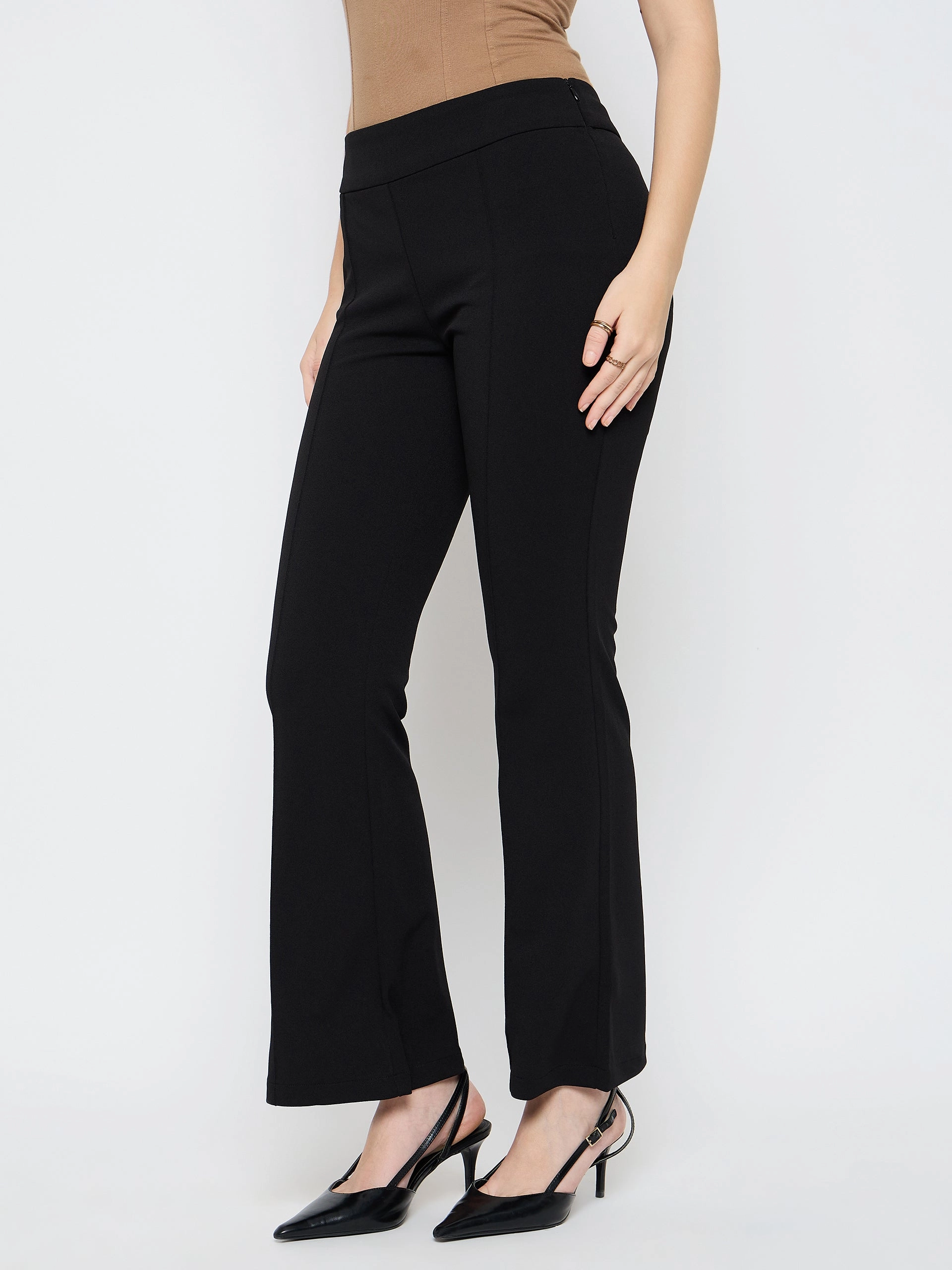Modern Fit Madame Pleat Detailed Solid Black Flared Trousers