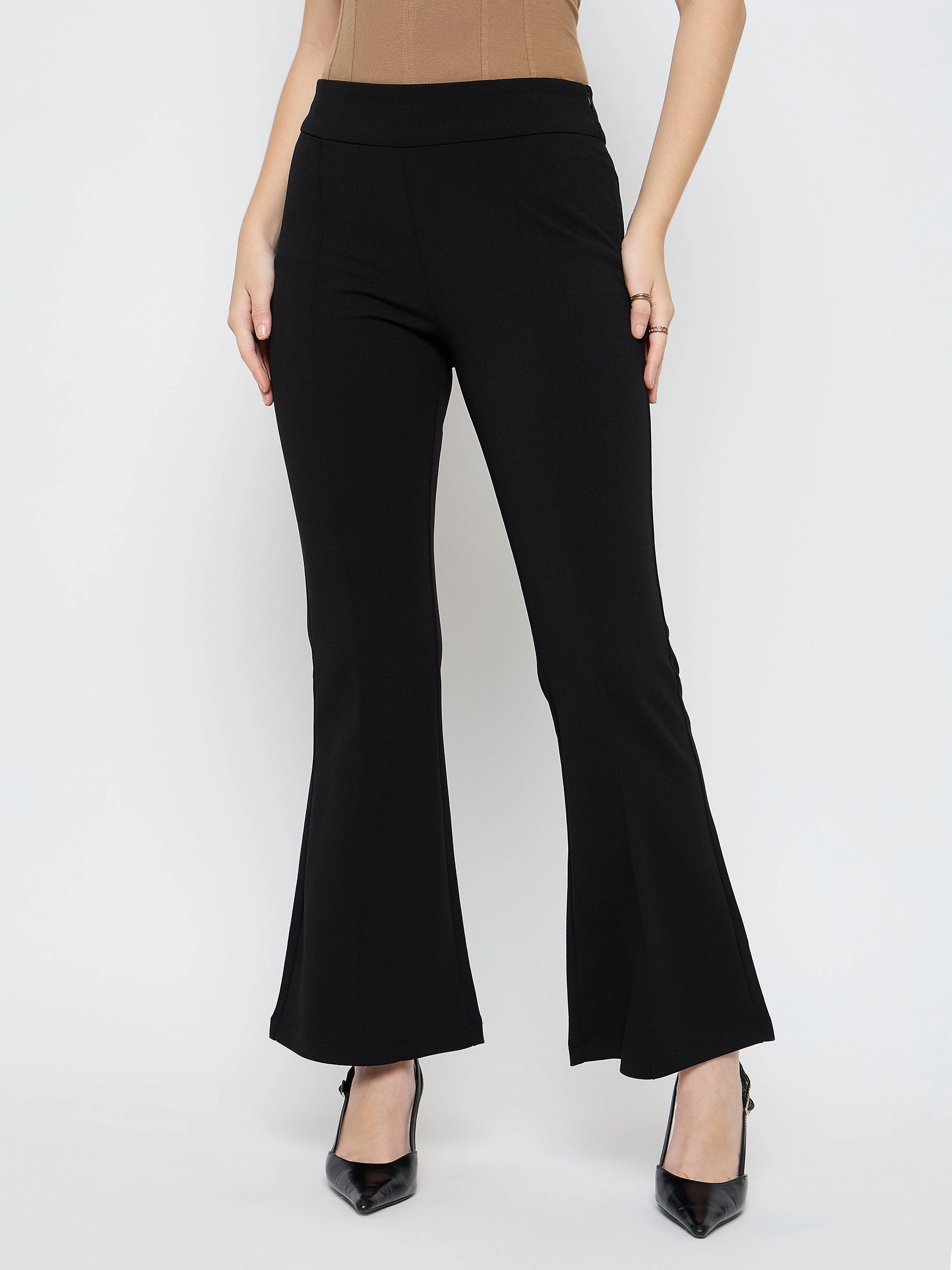 Madame Pleat Detailed Solid Black Flared Trousers All Purpose On The Move