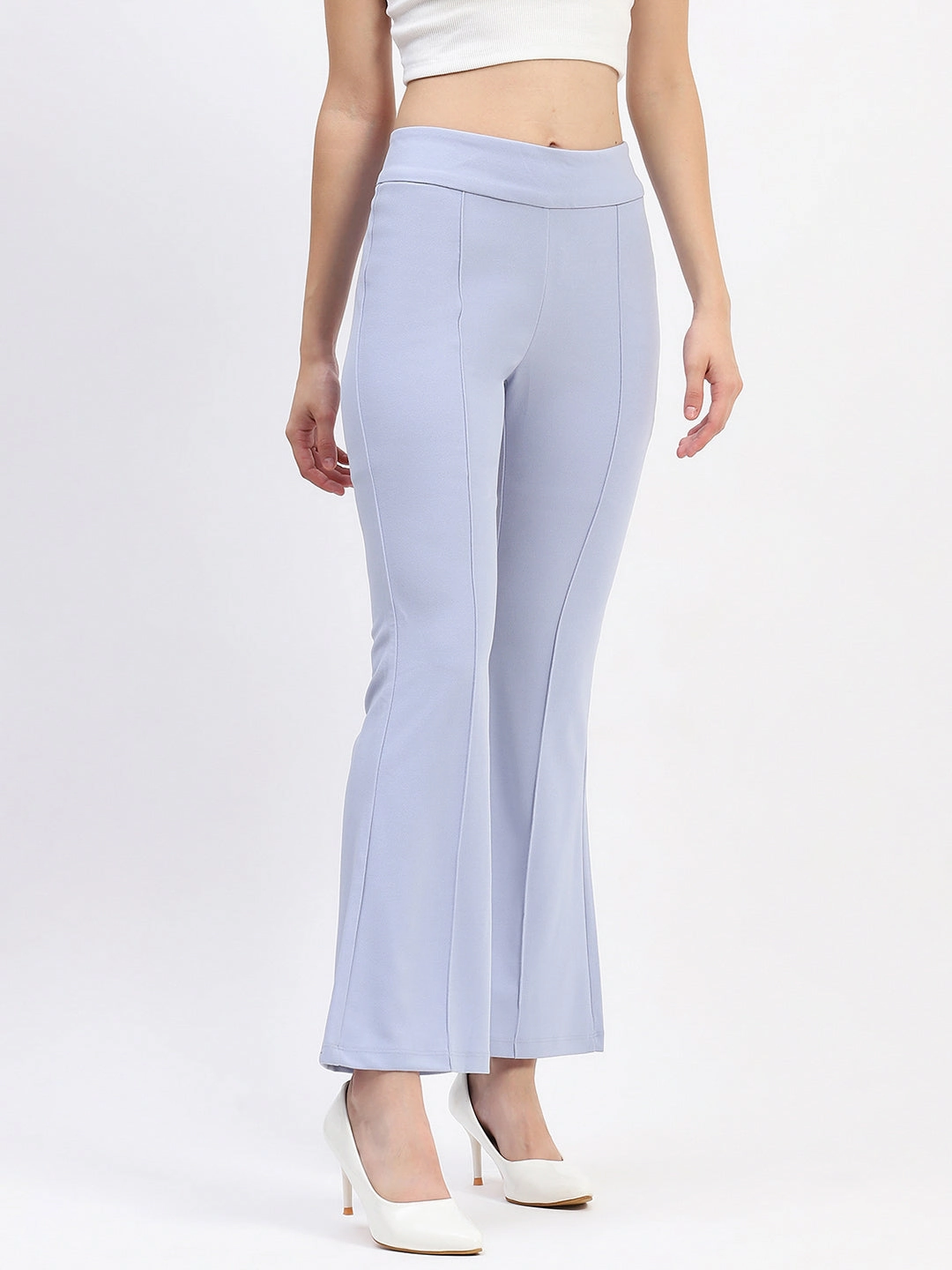 Madame Pleated Elasticated Waist Solid Sky Trousers Flexible Leg Soft Interior