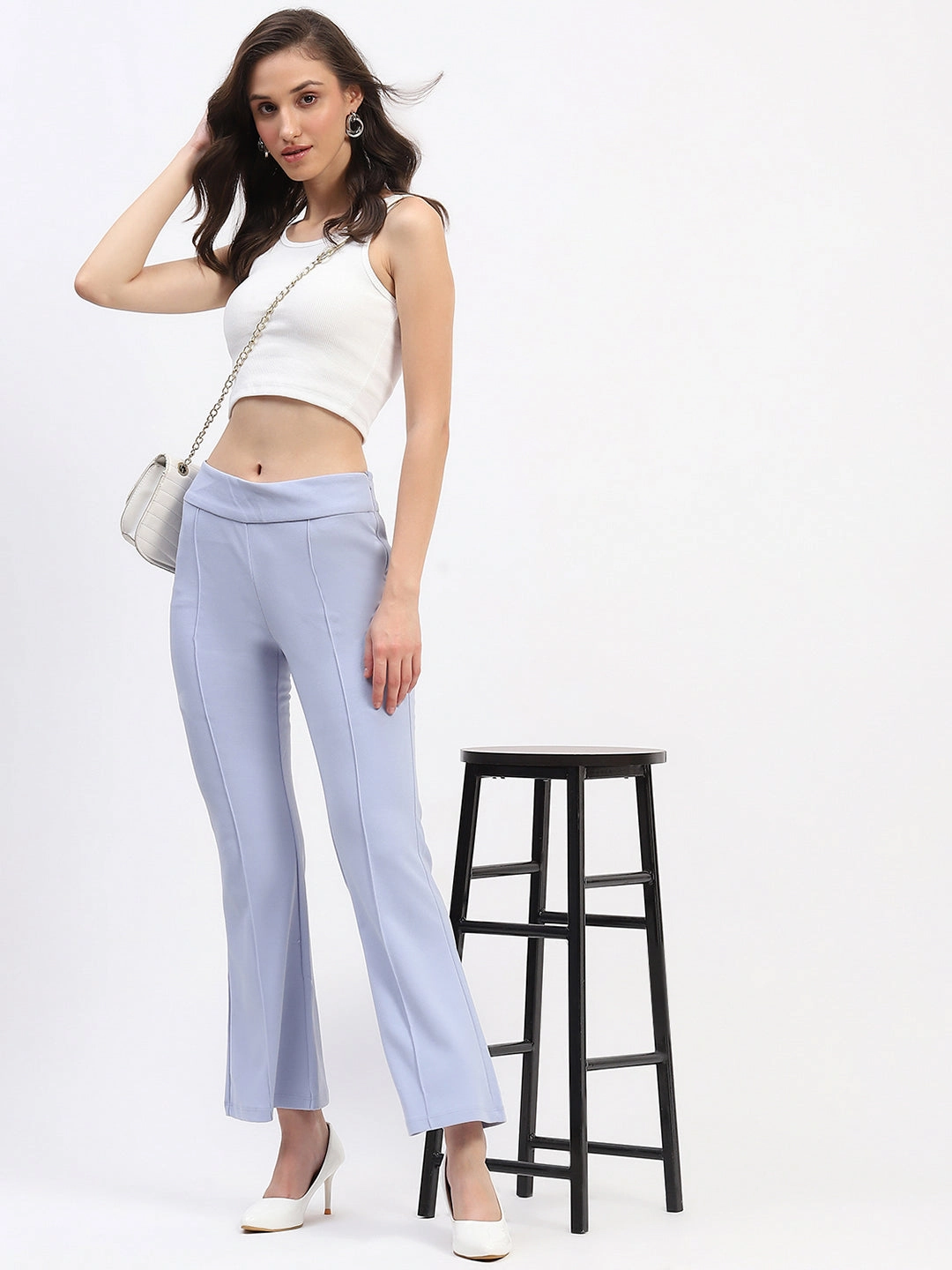 Madame Pleated Elasticated Waist Solid Sky Trousers Eco Friendly Material StretchFabric
