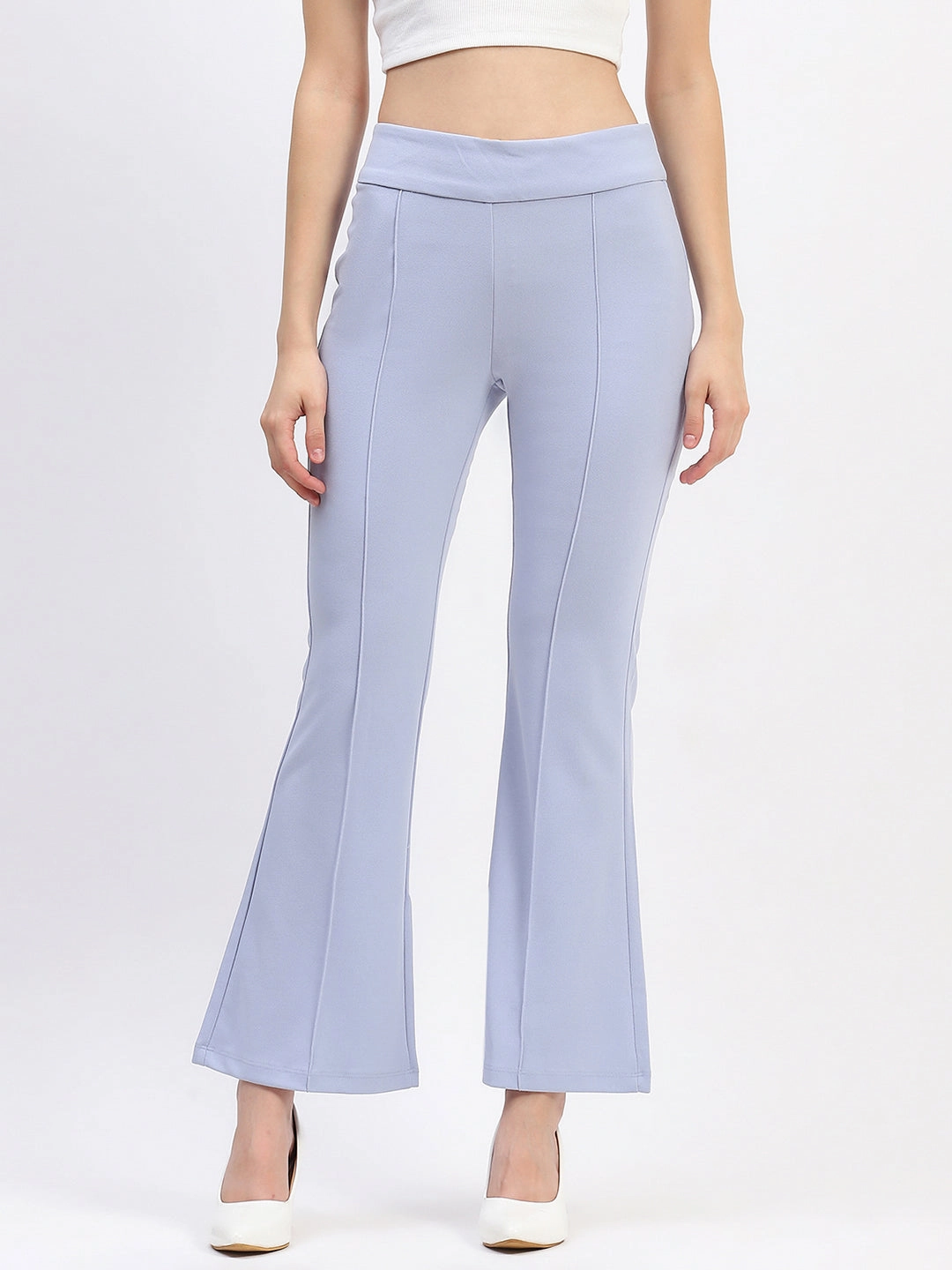 Madame Pleated Elasticated Waist Solid Sky Trousers Double Stitched Seams