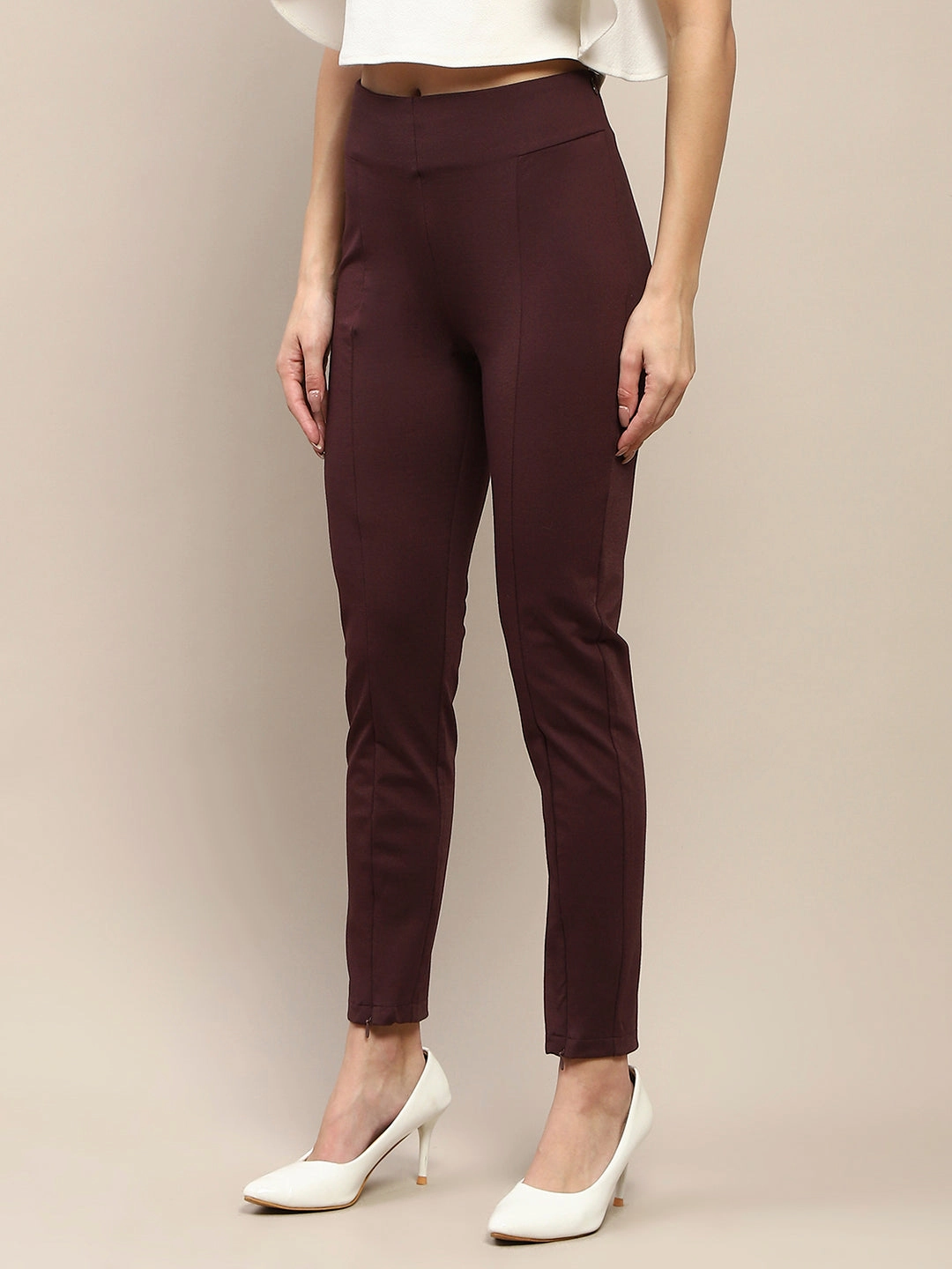 Madame Pleated Solid Wine Red Rayon Blend Jeggings Body Contour Mood Fit