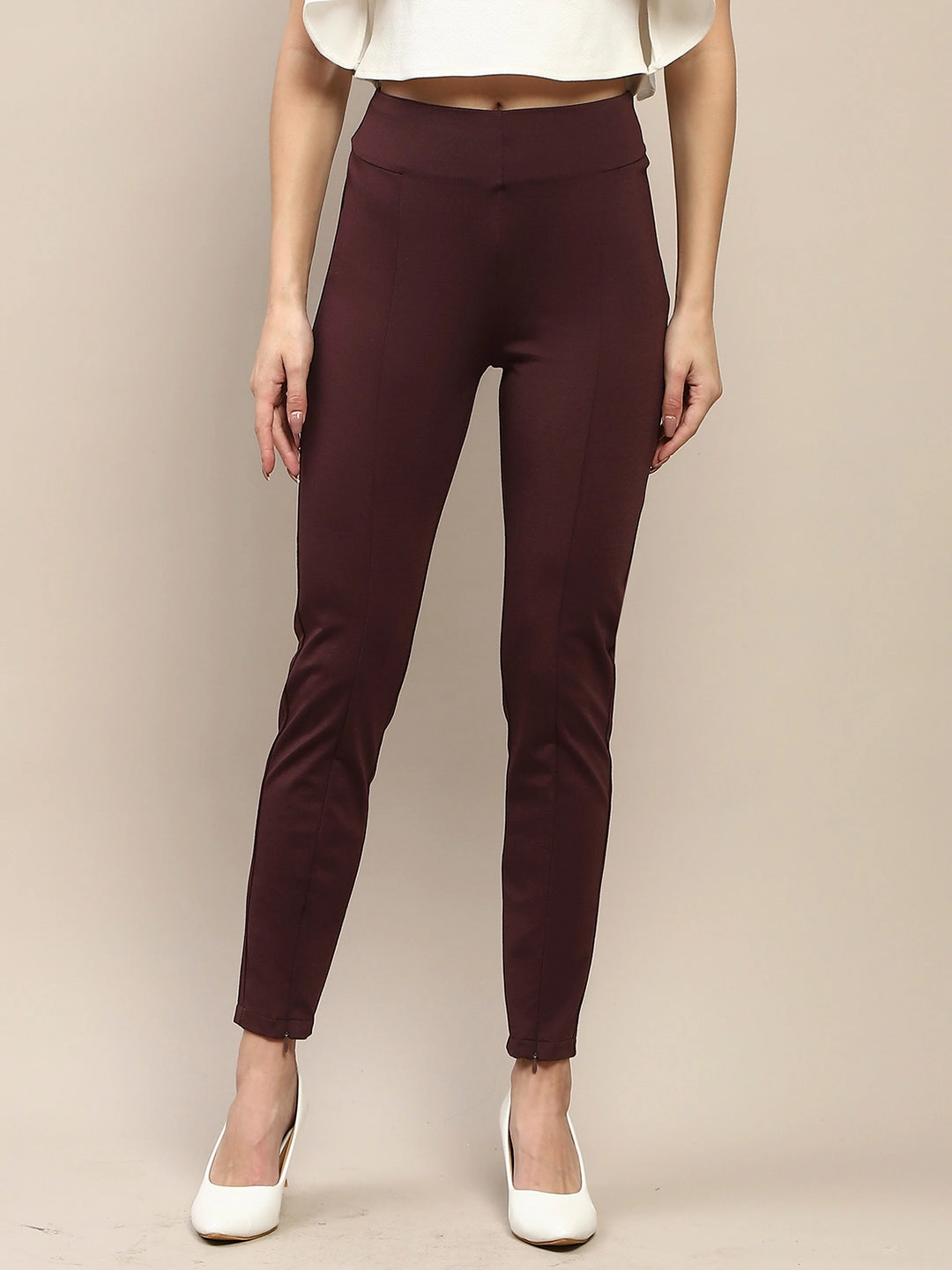 Madame Pleated Solid Wine Red Rayon Blend Jeggings Outdoor Running Luxury Choice Dance Practice For Adults