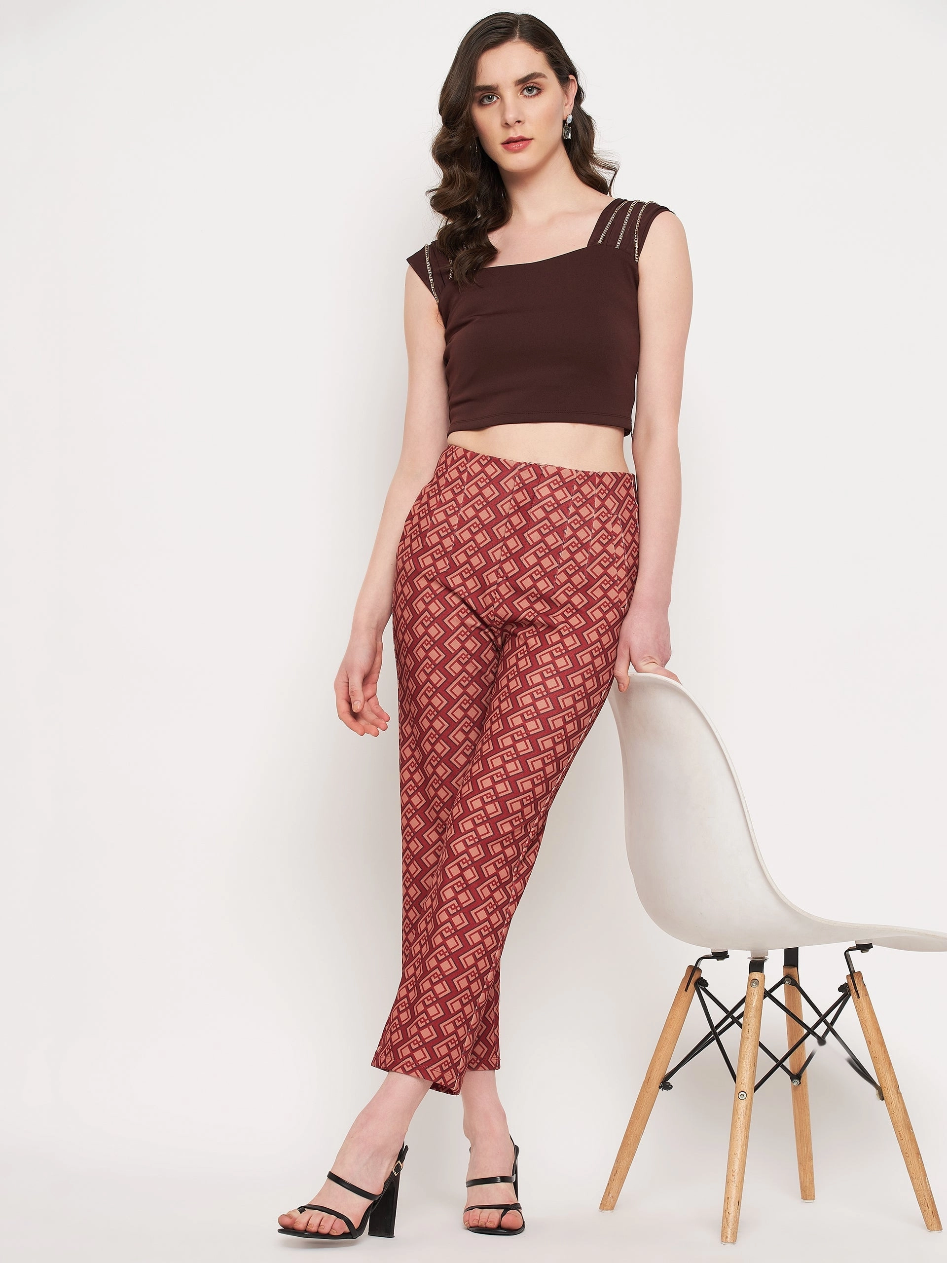 Windproof Design Flattering Fit Wear Madame Printed Rosewood Trouser