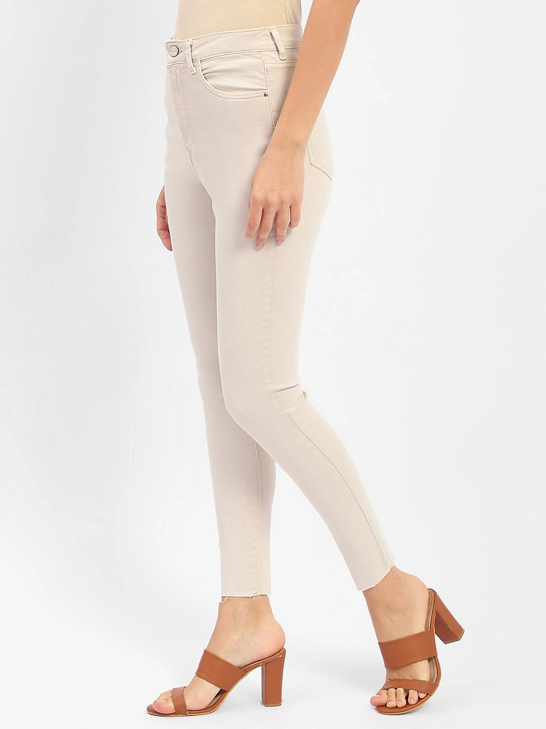 Relaxed Style City Walk Trend Setter Madame Raw Hem Beige High Rise Skinny Fit Jeans
