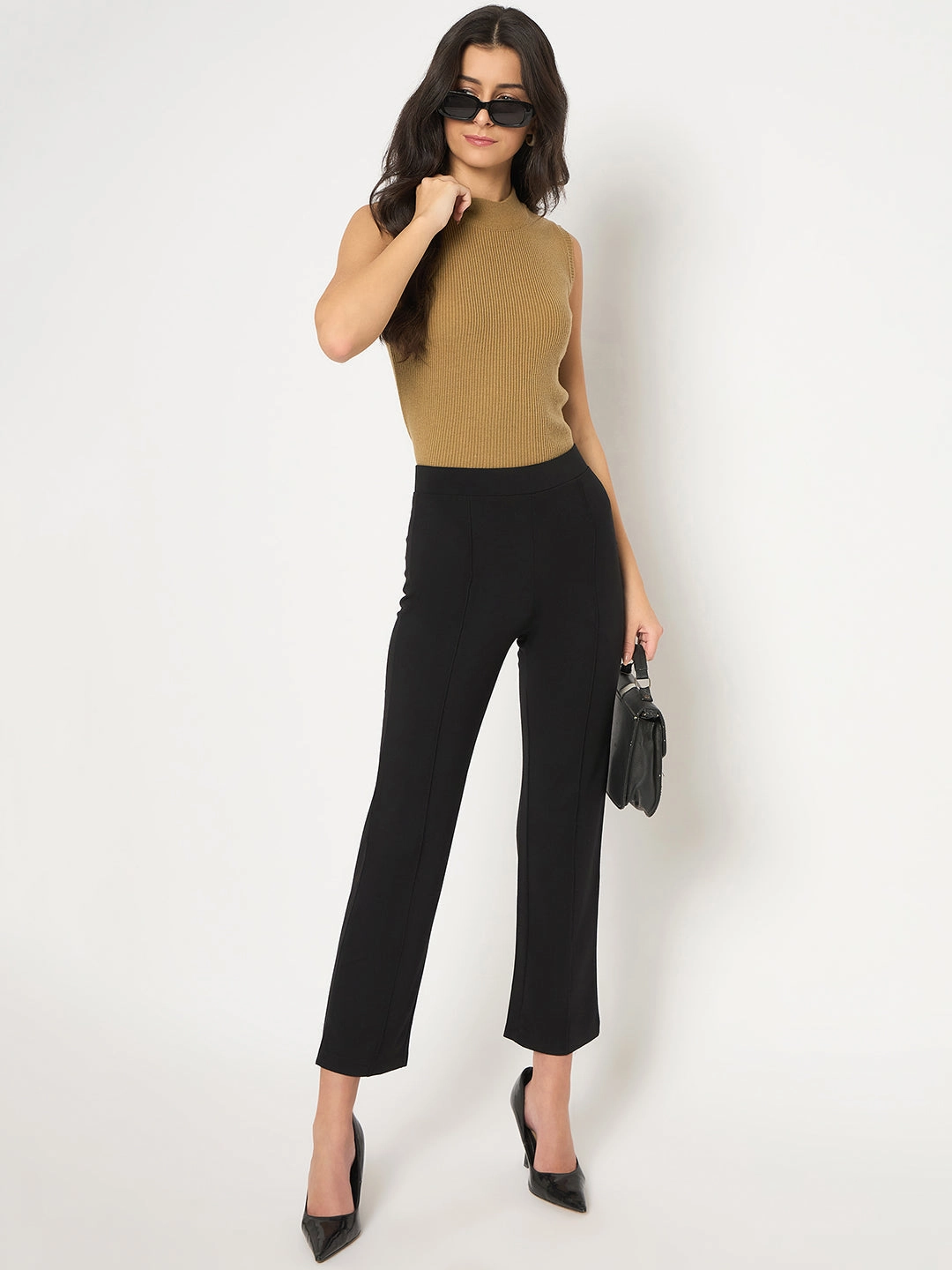 Madame Rayon Blend Pleated Straight Fit Black Jeggings Chafe Resistant Edging