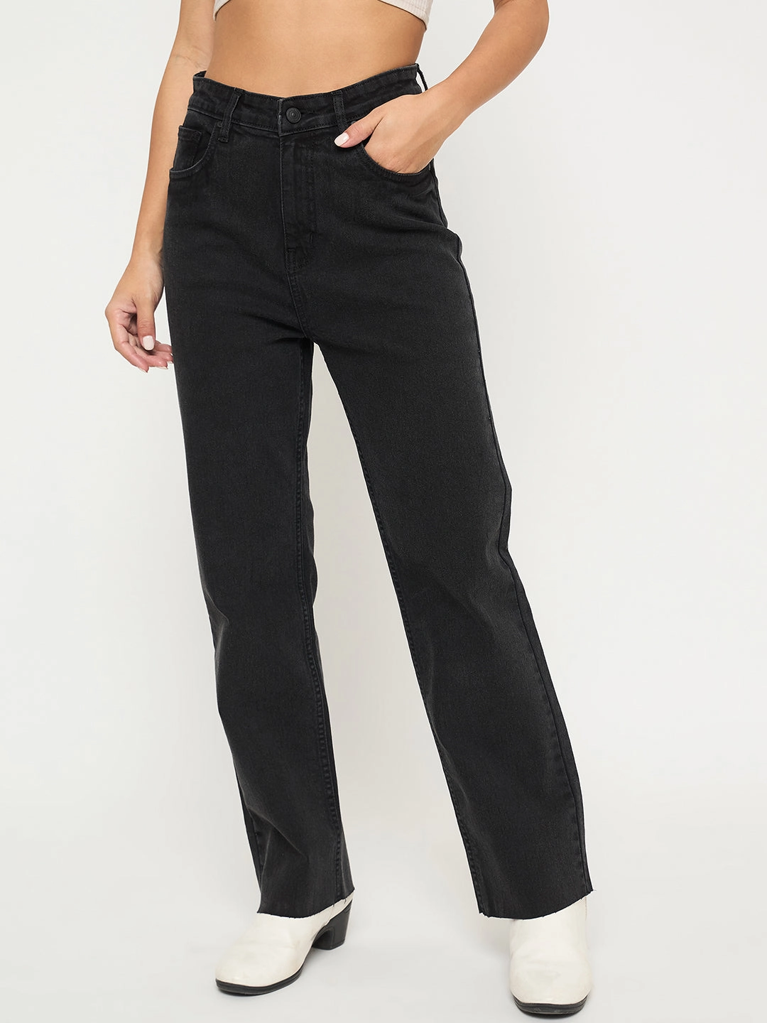 Comfy Tailoring Madame Ripped Hem Wide Leg Charcoal Black Jeans