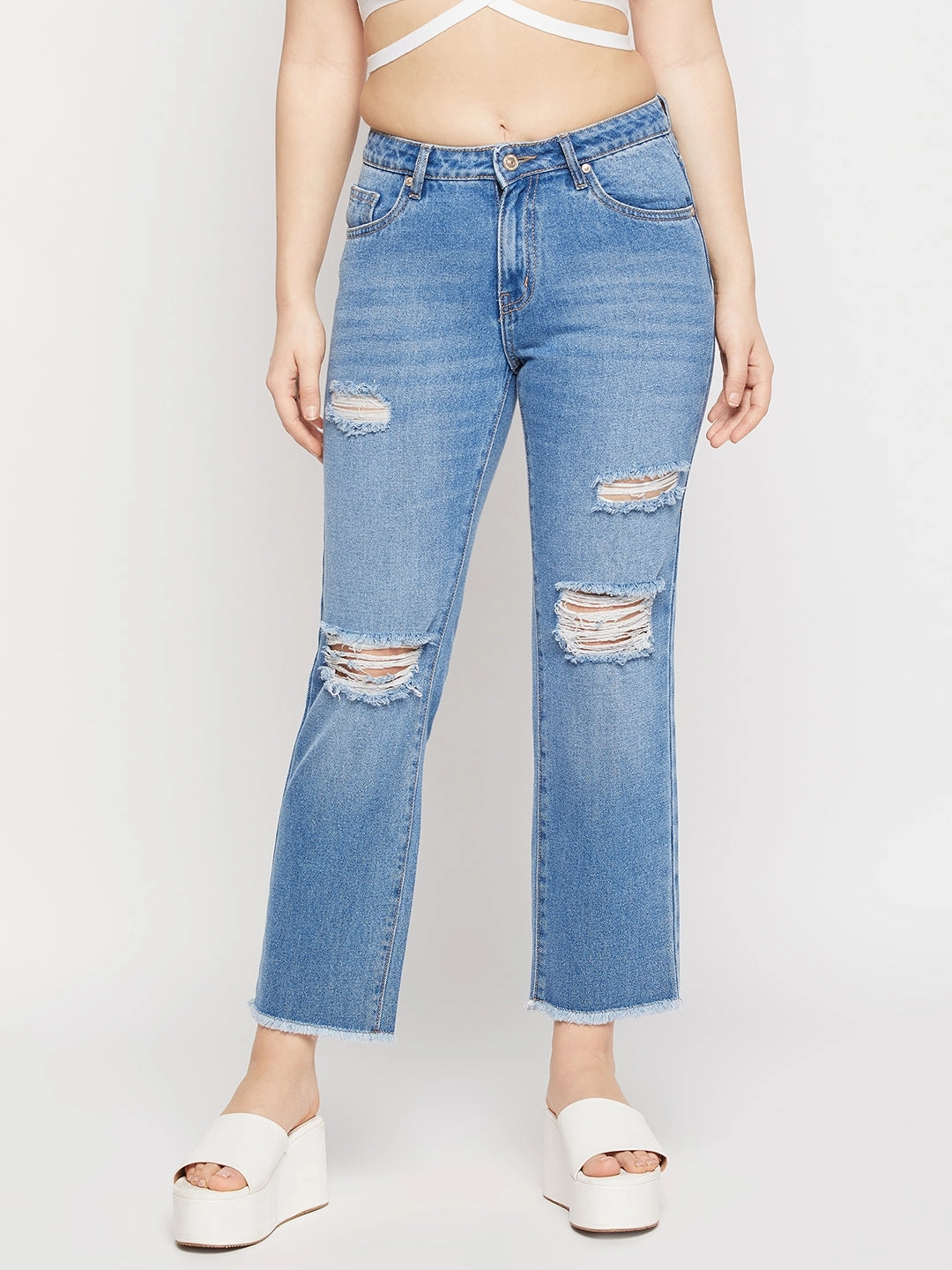 Madame Ripped Mid-Rise Double Wash Cropped Straight Fit Jeans Unisex Wear Elegant Vintage Lover