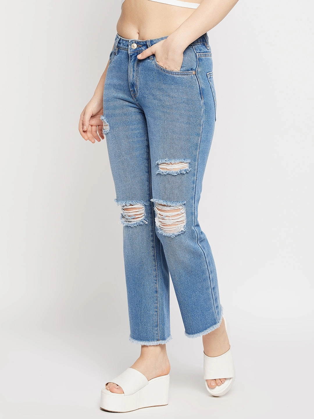 Breathable Classic Wear Eco Friendly Outfit Base Madame Ripped Mid-Rise Double Wash Cropped Straight Fit Jeans