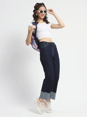 Madame Rolled Hem Straight Fit Solid Dark Blue Cotton Denim Wardrobe Classic Family Style Slim