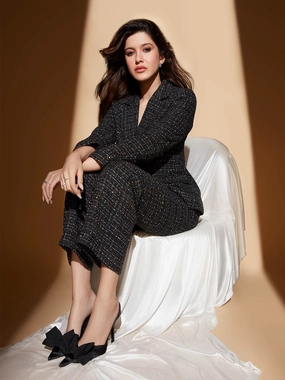 Non Restrictive Madame Shanaya Kapoor Black Embellished Button Straight Fit Tweed Trousers