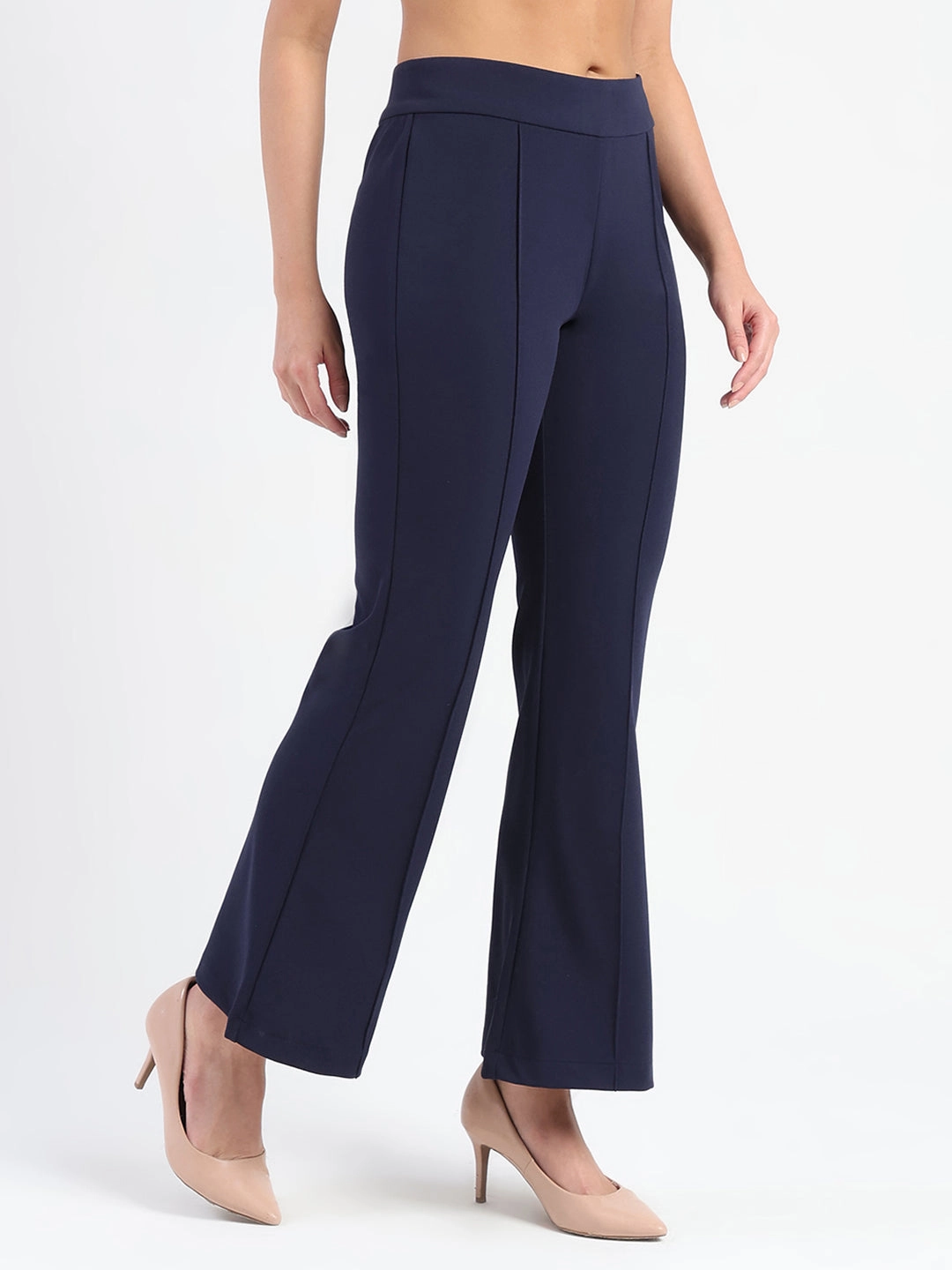 Madame Side Zipper Flared Navy Blue Knitted Moss Trousers Comfortable Stretch