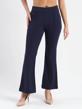 Workout-ready Madame Side Zipper Flared Navy Blue Knitted Moss Trousers