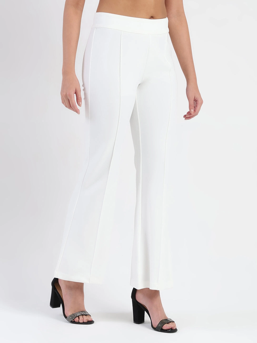 Core Fit Madame Side Zipper Flared White Knitted Moss Trousers