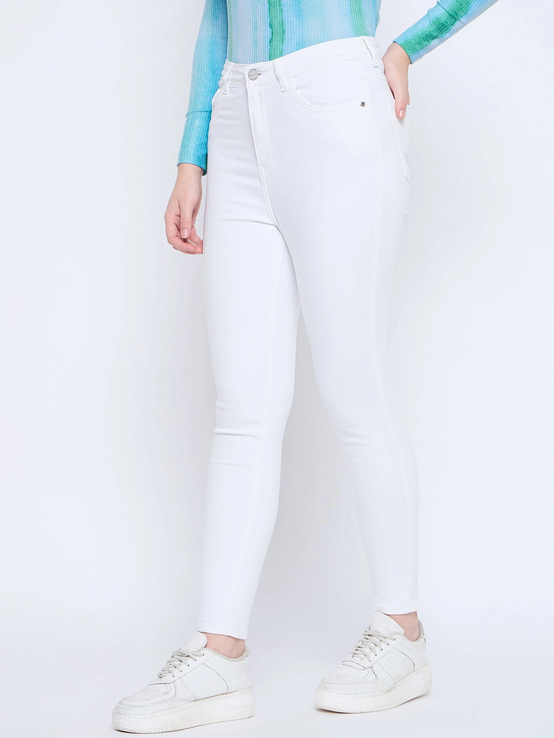 Madame Skinny Fit Cotton Blend White Denim Textured Versatile Shopping Day
